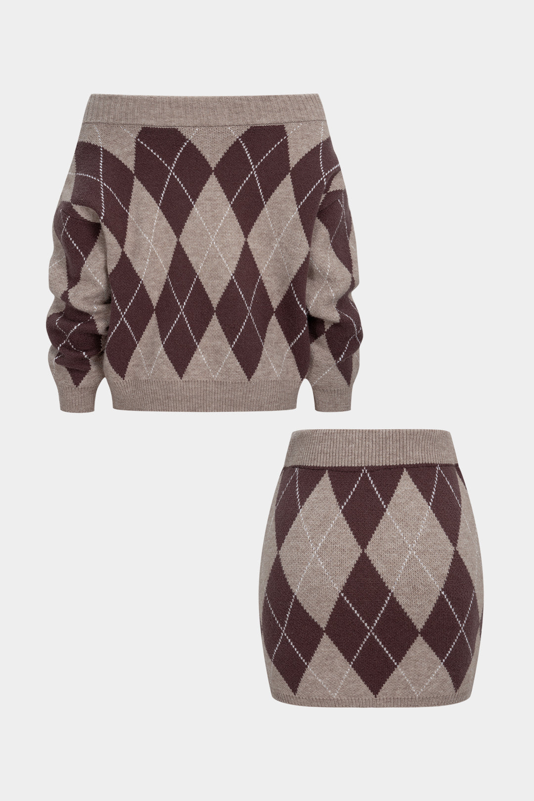 Knit Contrast Diamond Print Off Shoulder Long-Sleeve Top And High Waist Mini Skirt Set