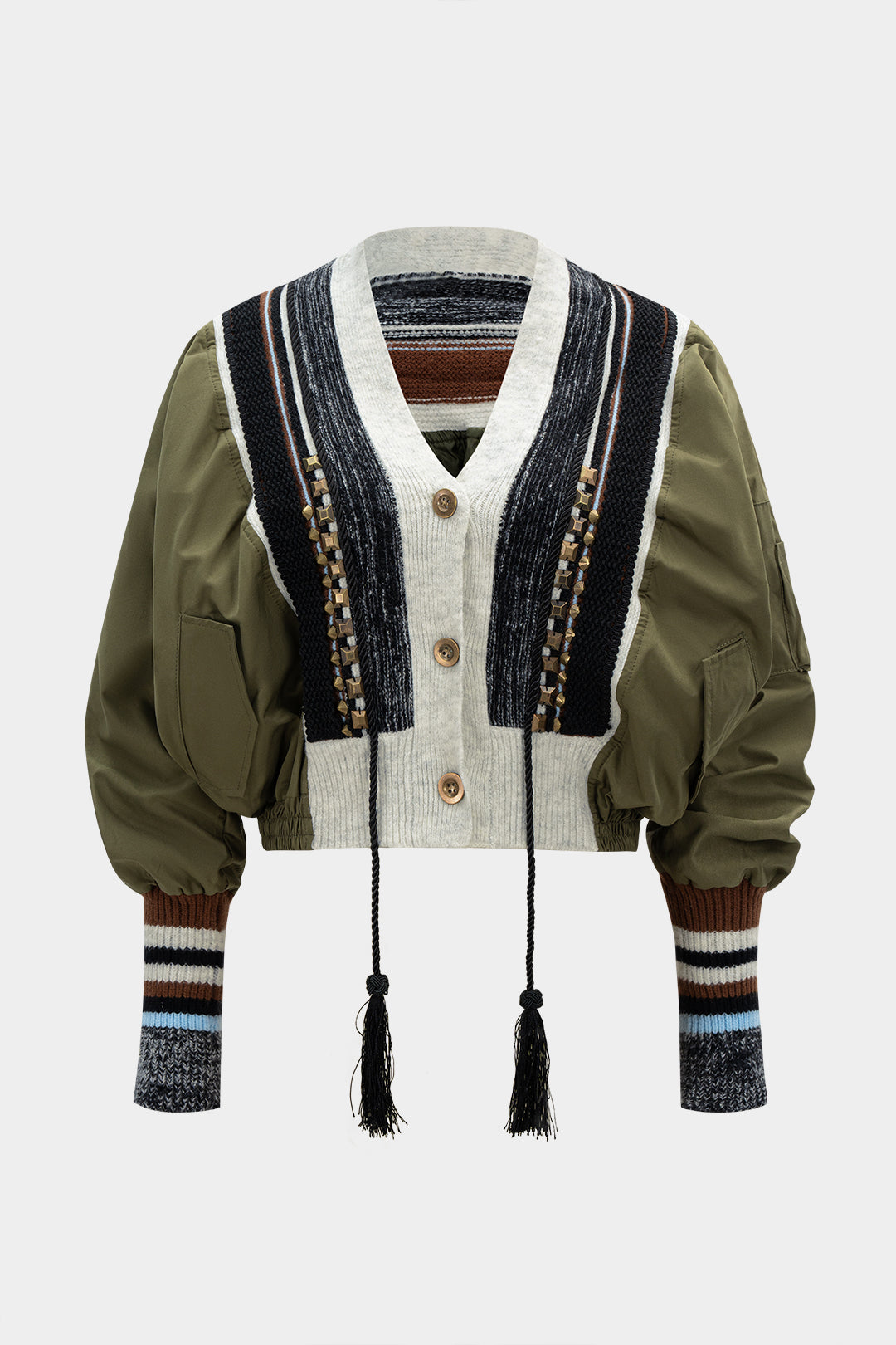 Knit Patchwork V-Neck Studded Fringe Decor Puffer