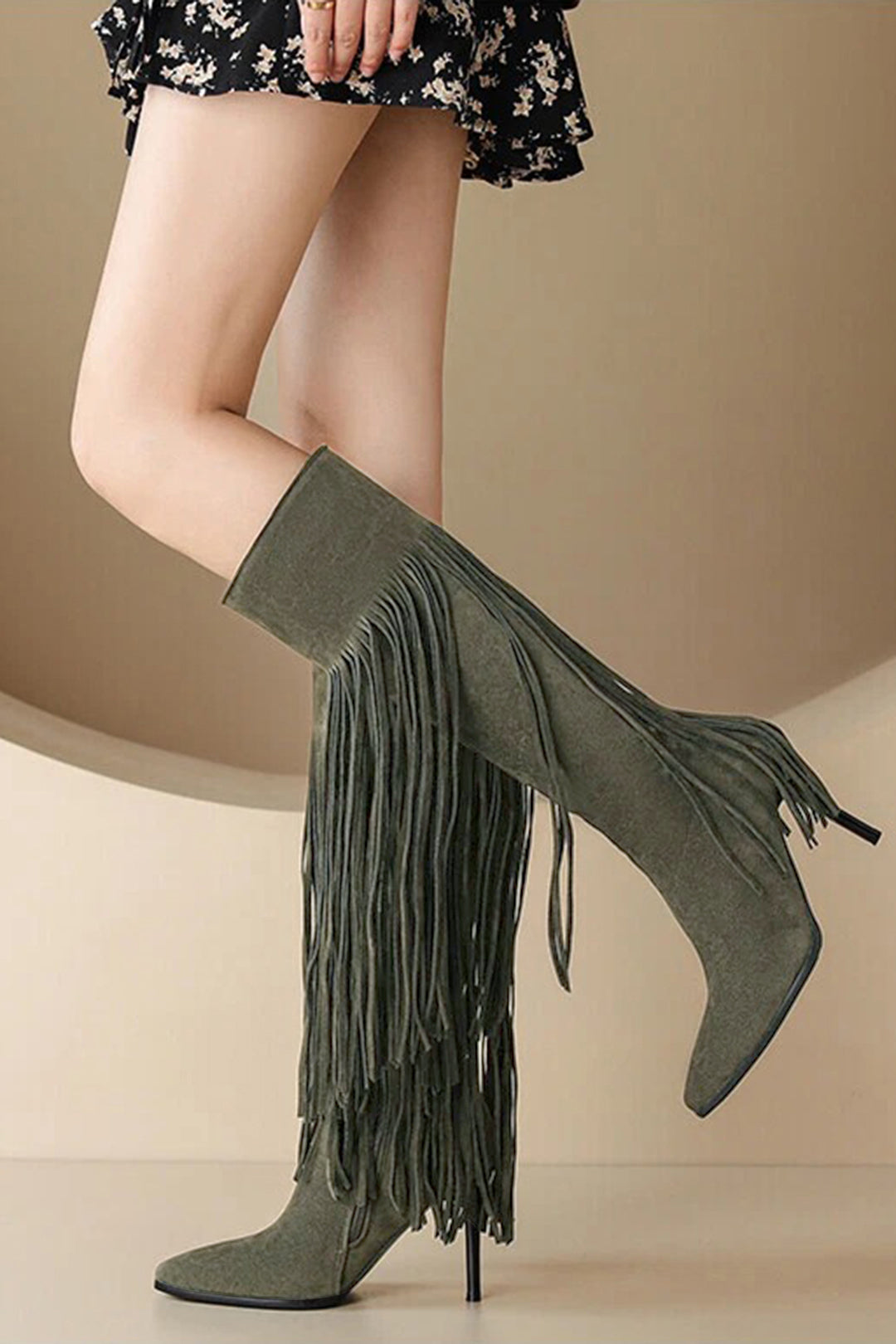 Faux Suede Fringe Pointed Mid Calf Boots