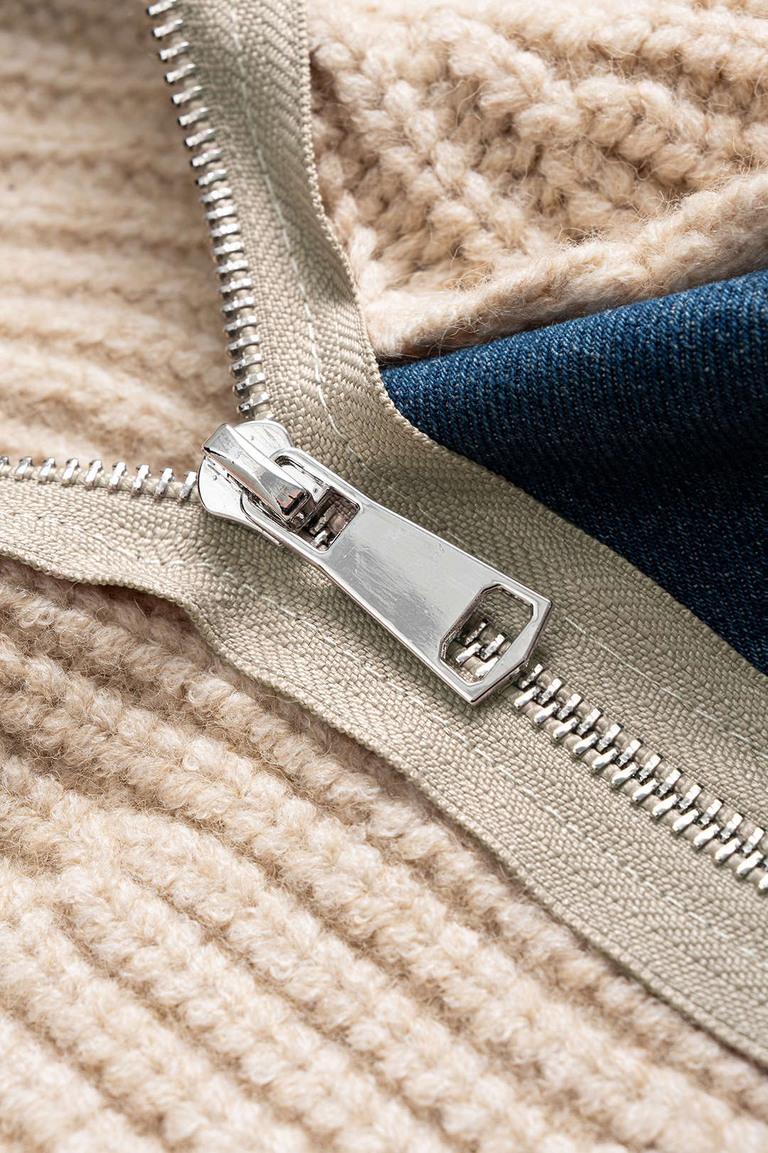 Knit Denim Patchwork Asymmetric Zipper Cardigan