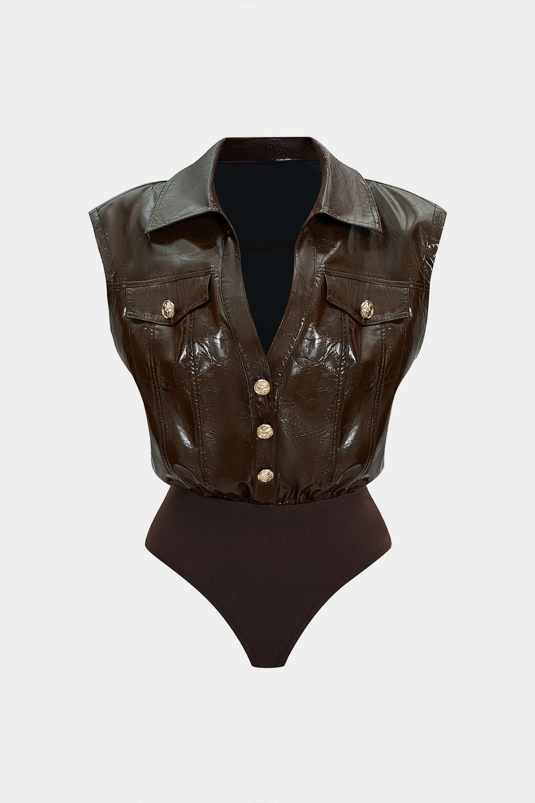 Faux Leather Button Patchwork Tank Sleeveless Bodysuit