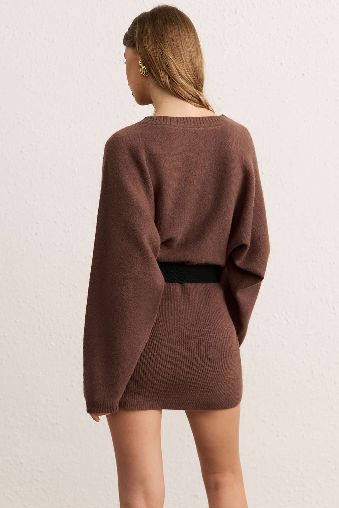 Knit Belted Batwing Long-Sleeve Mini Dress