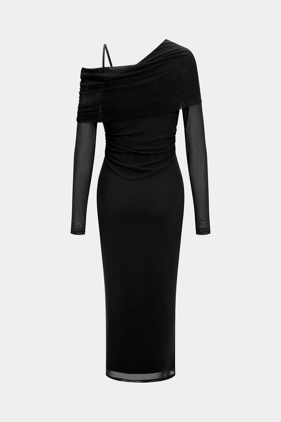 Asymmetrisches Neckholder-Maxikleid mit langen Ärmeln und Mesh-Einsatz