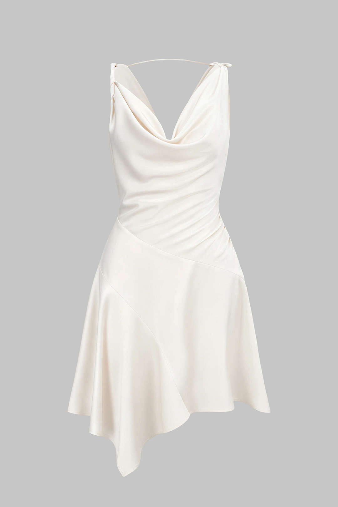 Satiniertes, drapiertes Minikleid mit Wasserfallausschnitt, Raffungen und asymmetrischem Schnitt