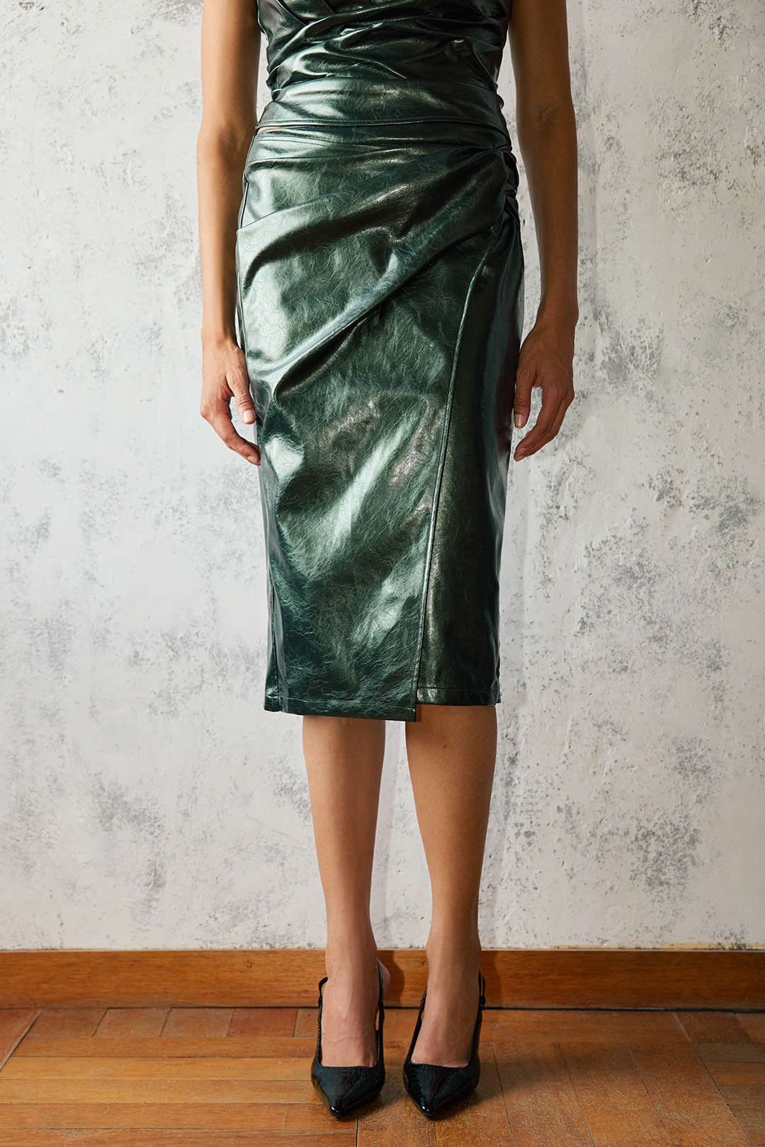 Faux Leather High Waist Ruched Asymmetrical Skirt