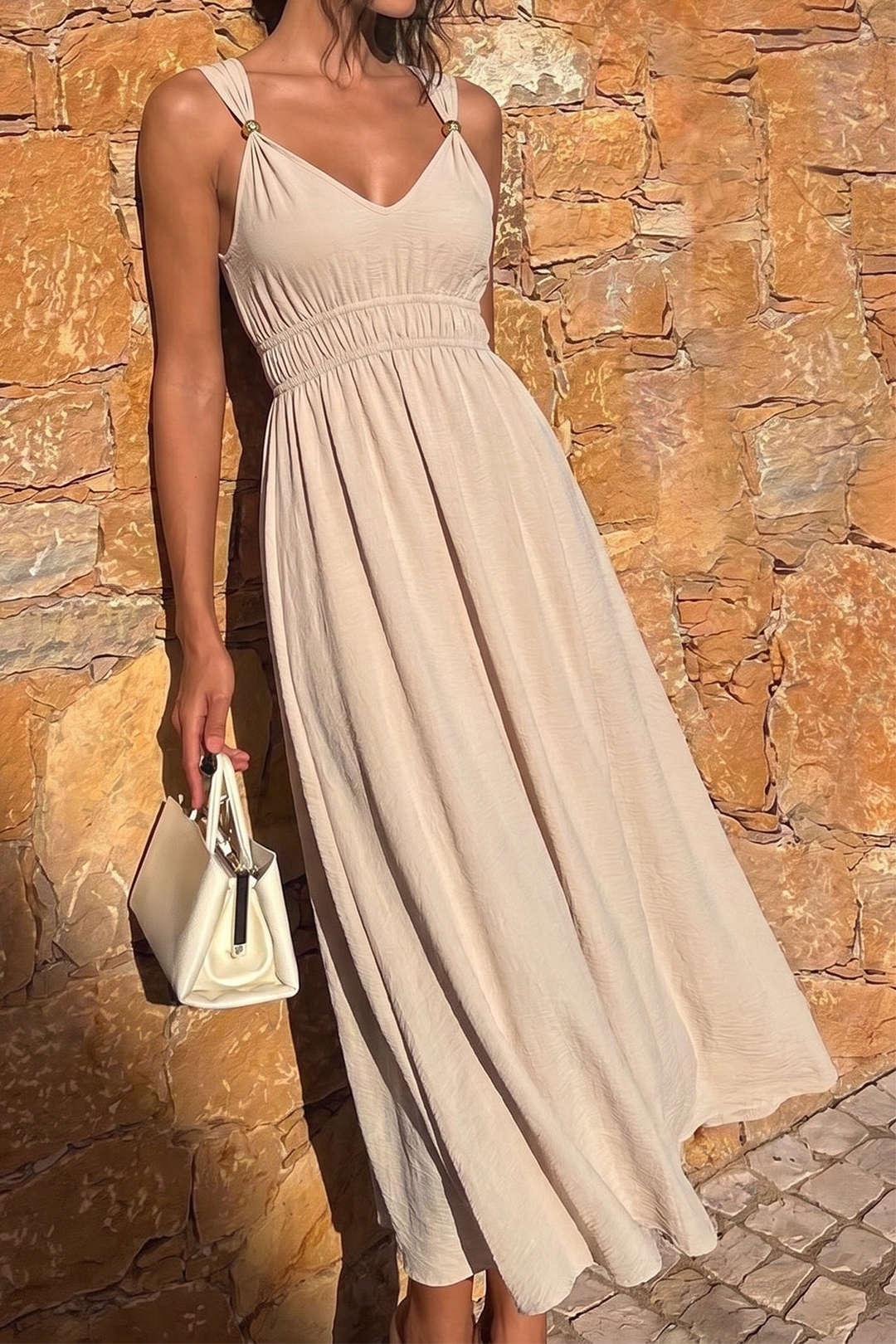 V-Neck Sleeveless Ruched Maxi Dresses