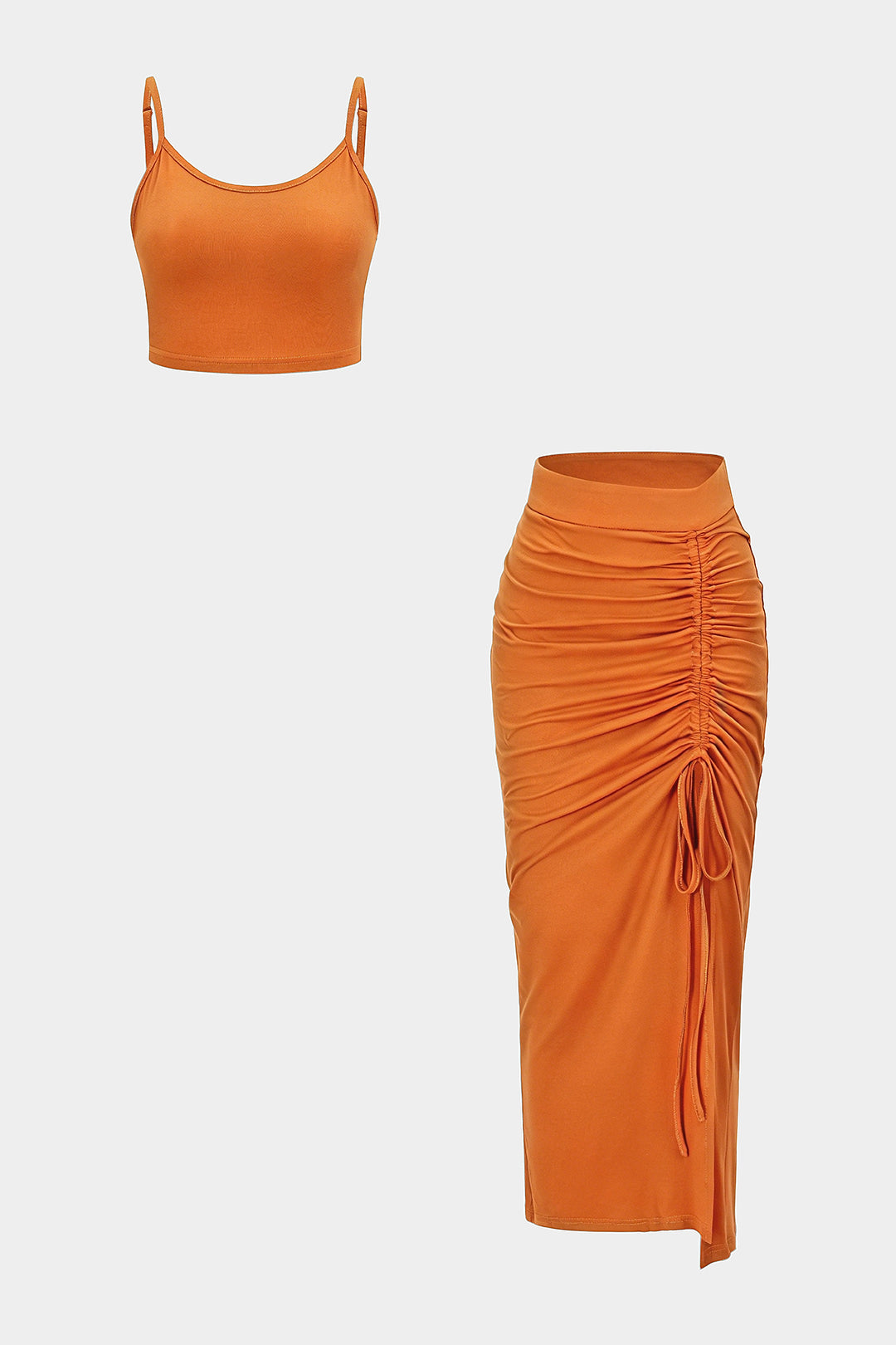 Solid Round Neck Cami Top And Drawstring Ruched Skirt Set