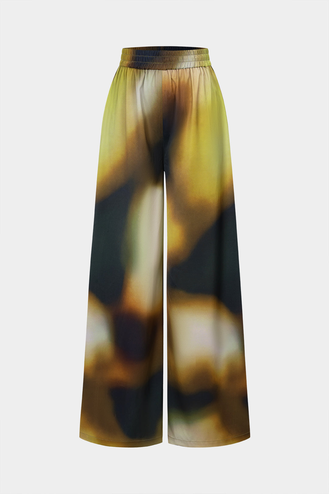 Tie Dye Print Satin Shirred Waistband Wide Leg Pants