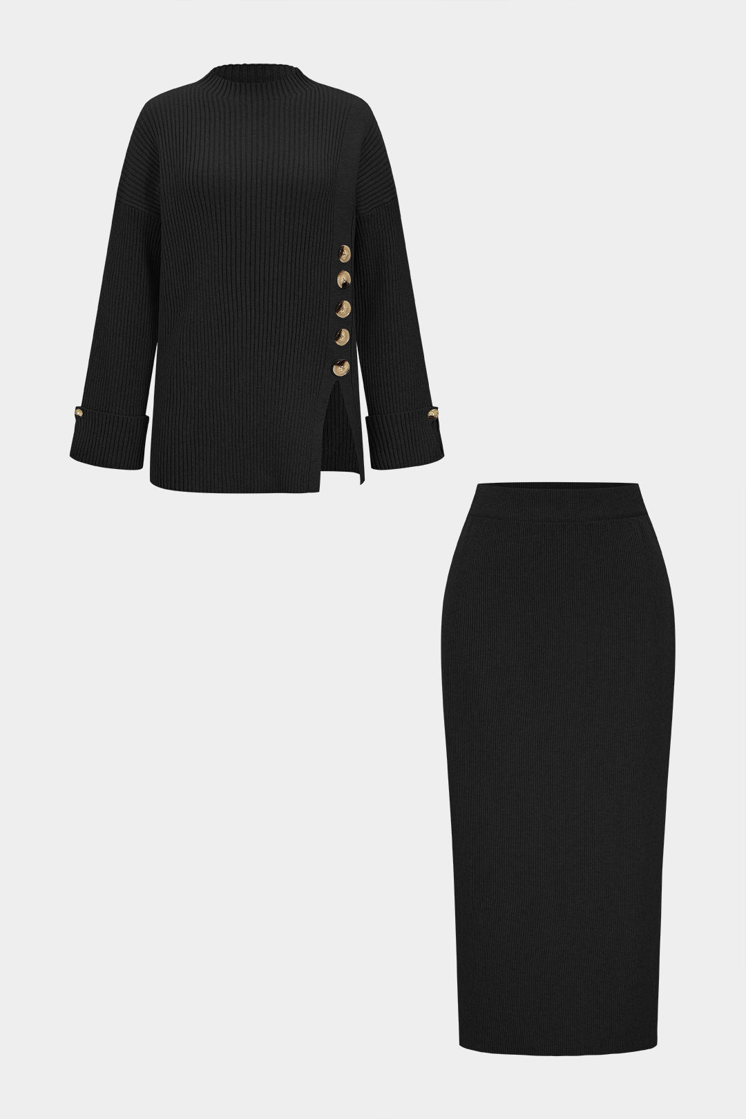Knit Asymmetrical Button Side Slit Long-Sleeve Top And Skirt Set