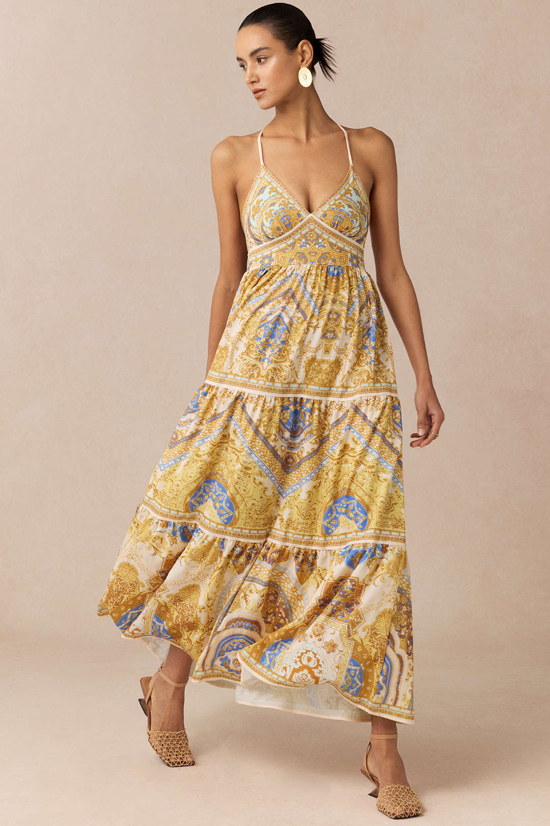 Retro Print V-Neck Tie back Sleeveless Midi Dress