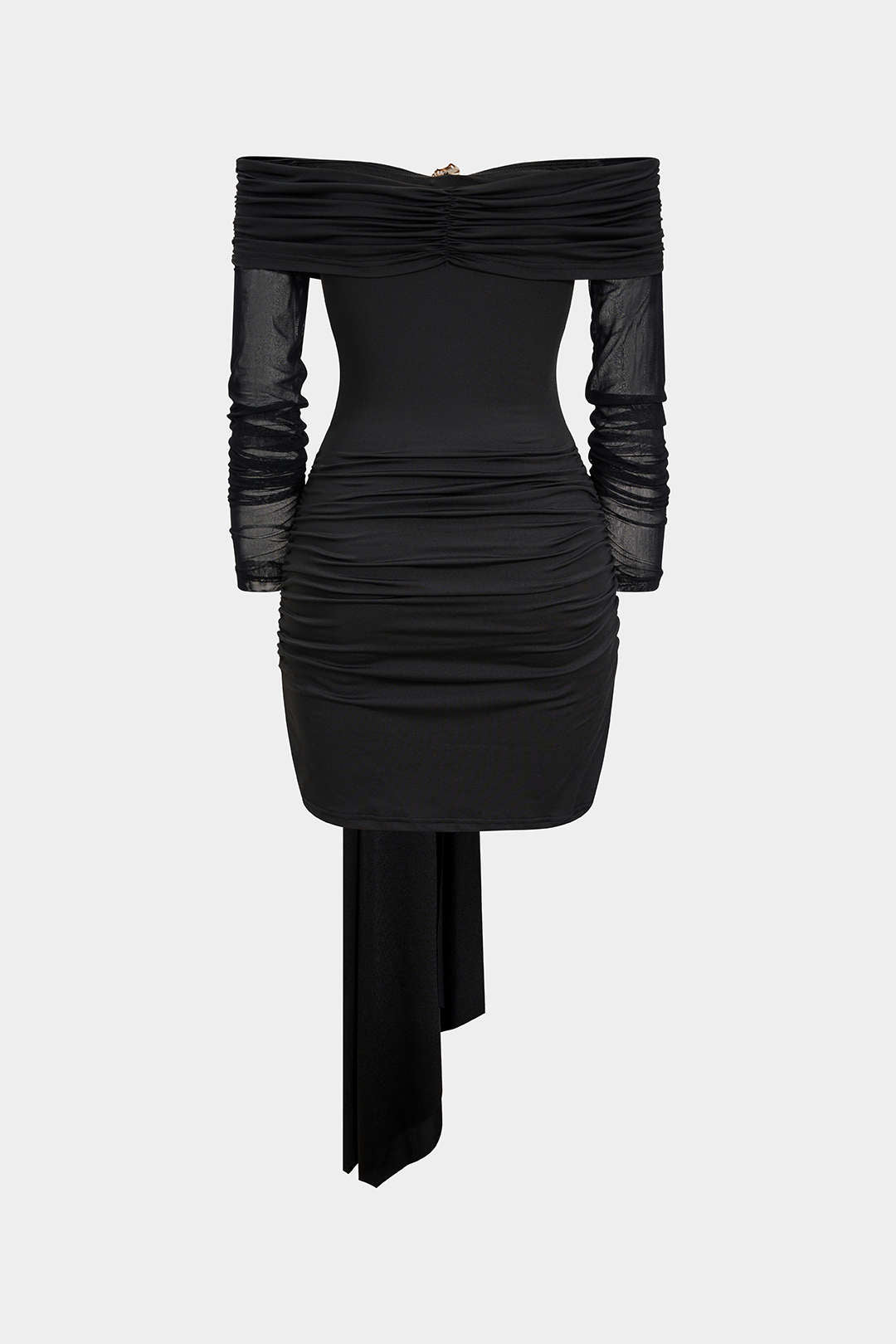 Carmen-Minikleid mit langen Ärmeln, gerafftem, transparentem Metallic-Dekor und Carmen-Ausschnitt