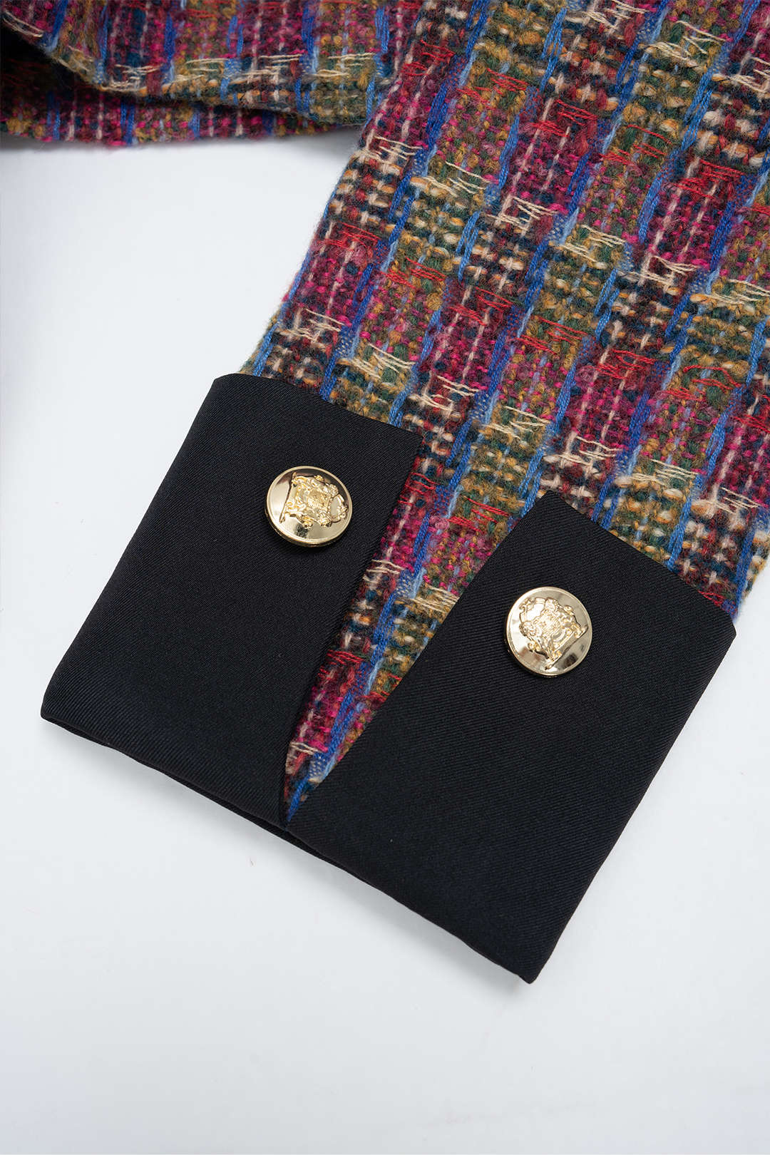 Tweed Patchwork Button Pockets Jacket And Pleated Mini Skirt Set