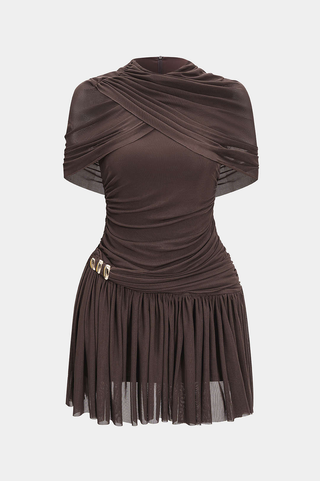 Gerüschtes asymmetrisches Minikleid mit kurzen Ärmeln