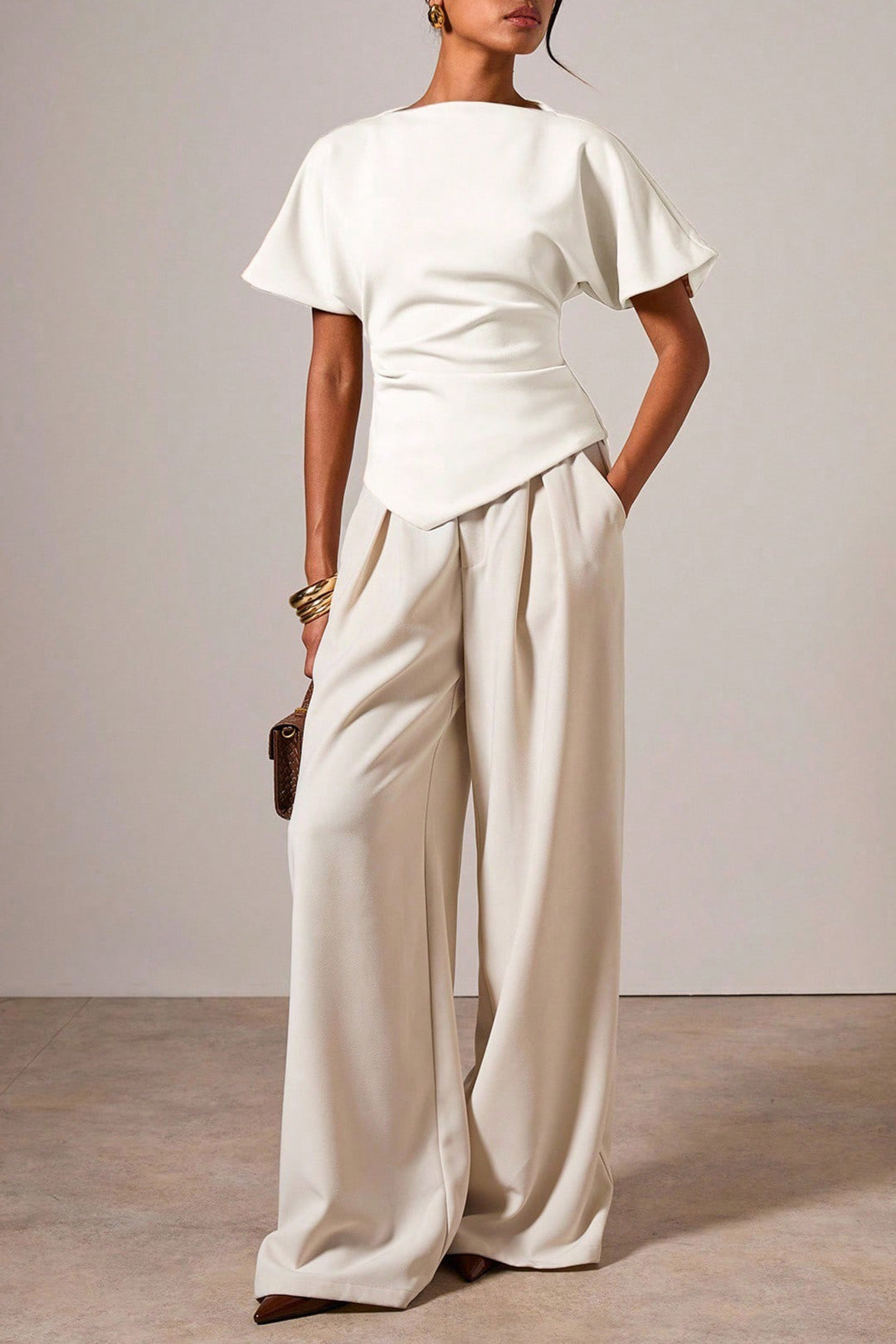 Solid Asymmetrical Ruched Short-Sleeve Shirt