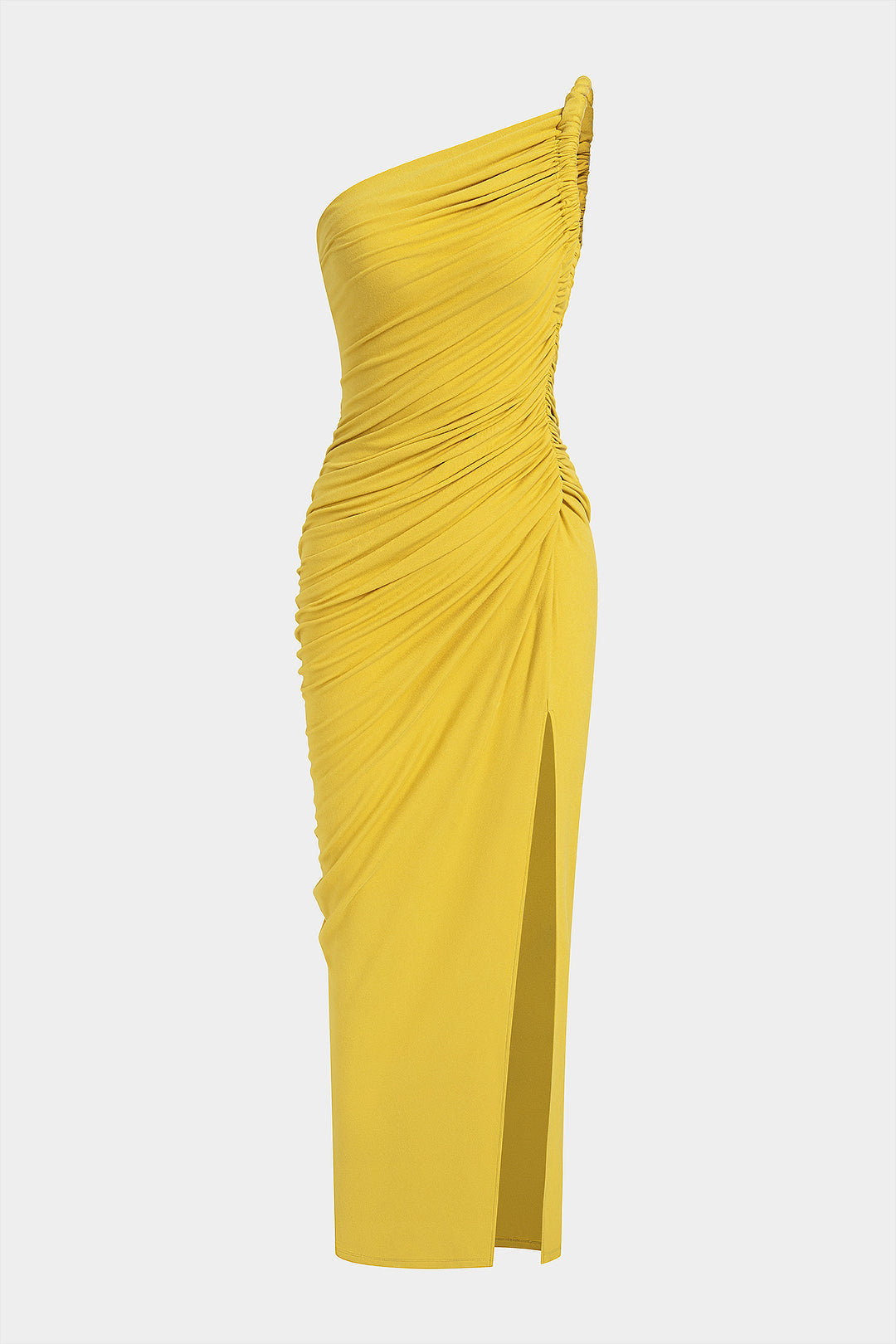 Asymmetrisches, ärmelloses Maxikleid mit Raffungen und Schlitz