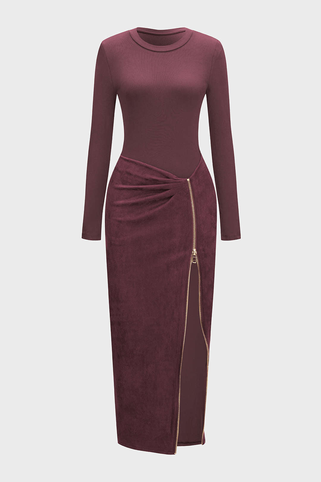 Round Neck Zipper Patchwork Long Sleeve Midi Dress