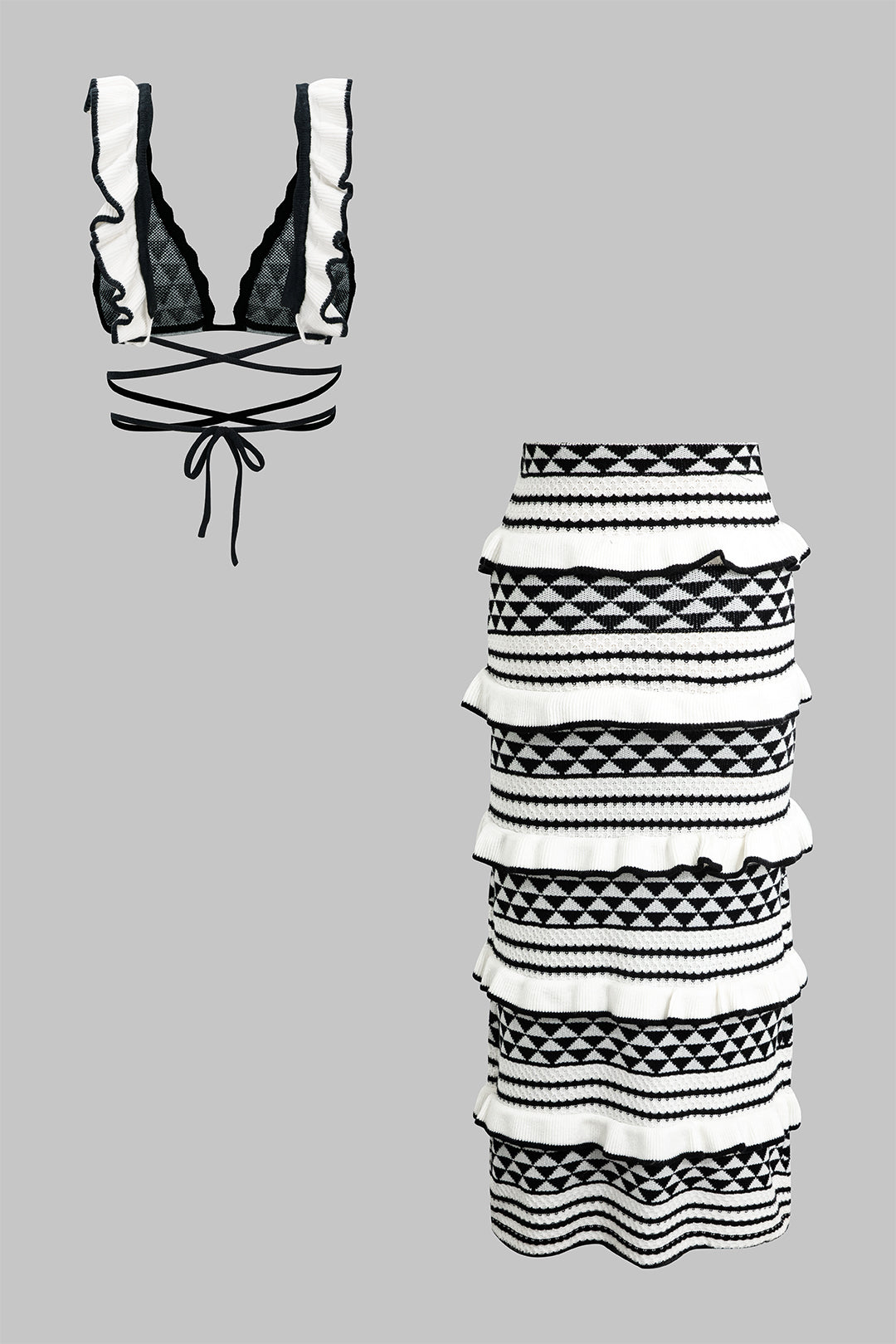 Knit Stripe Tie Bra Top And Tiered Ruffle Midi Skirt Set