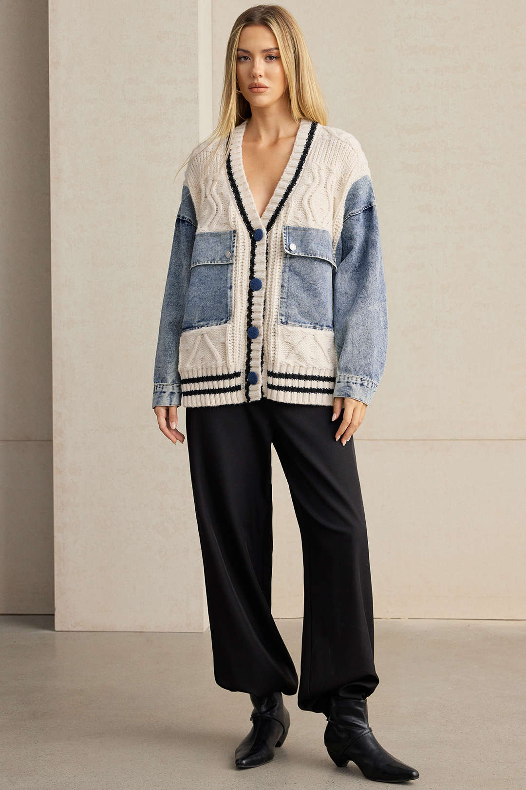 Denim-Patchwork-Strickoberbekleidung