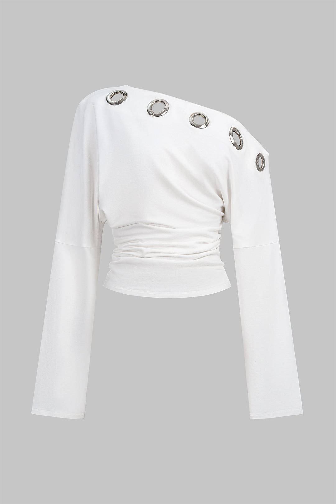 Metallic Eyelet Asymmetrical Long-Sleeve Top