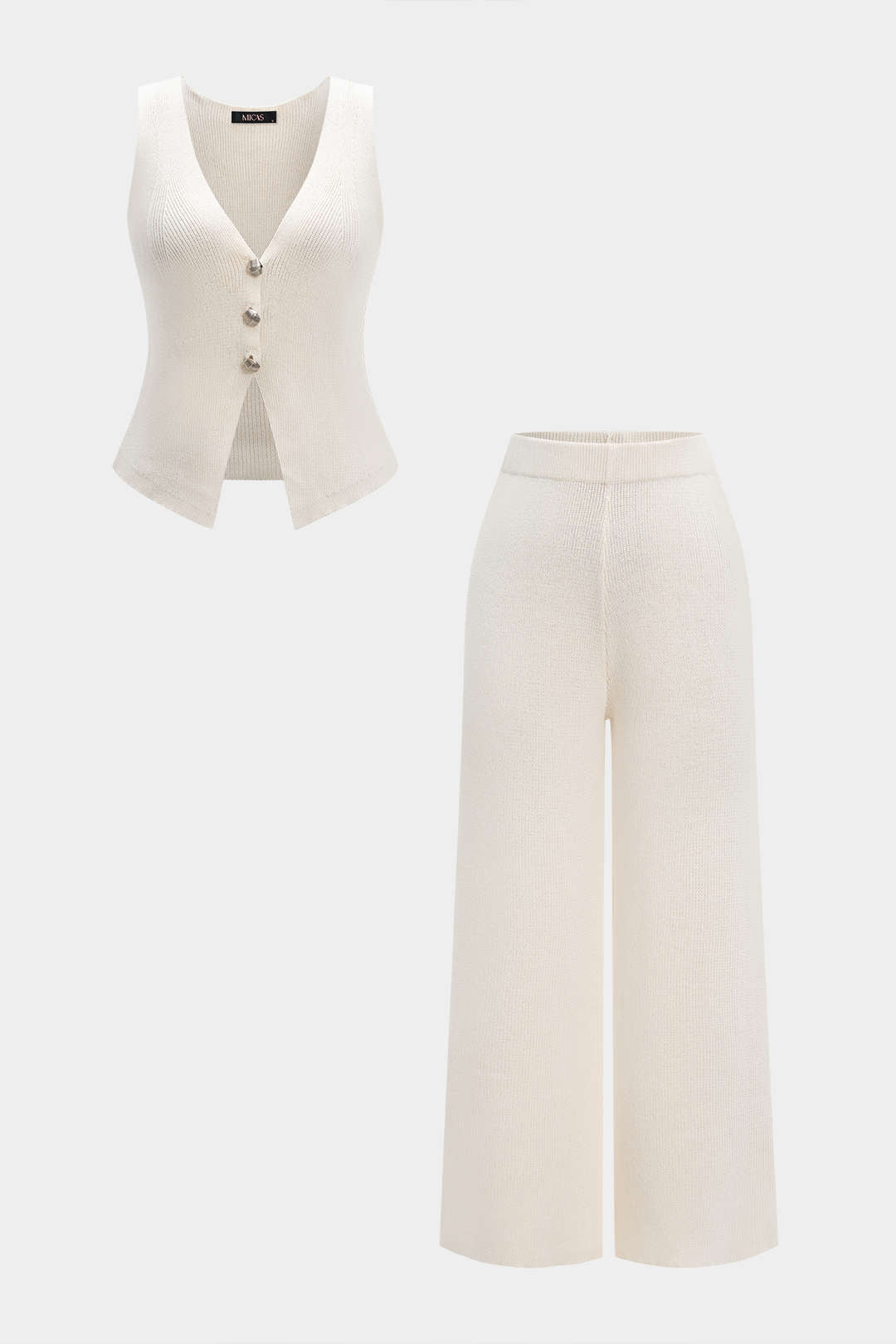 Knit V-Neck Metallic Button Tank Top And Solid Wide Leg Pants Set