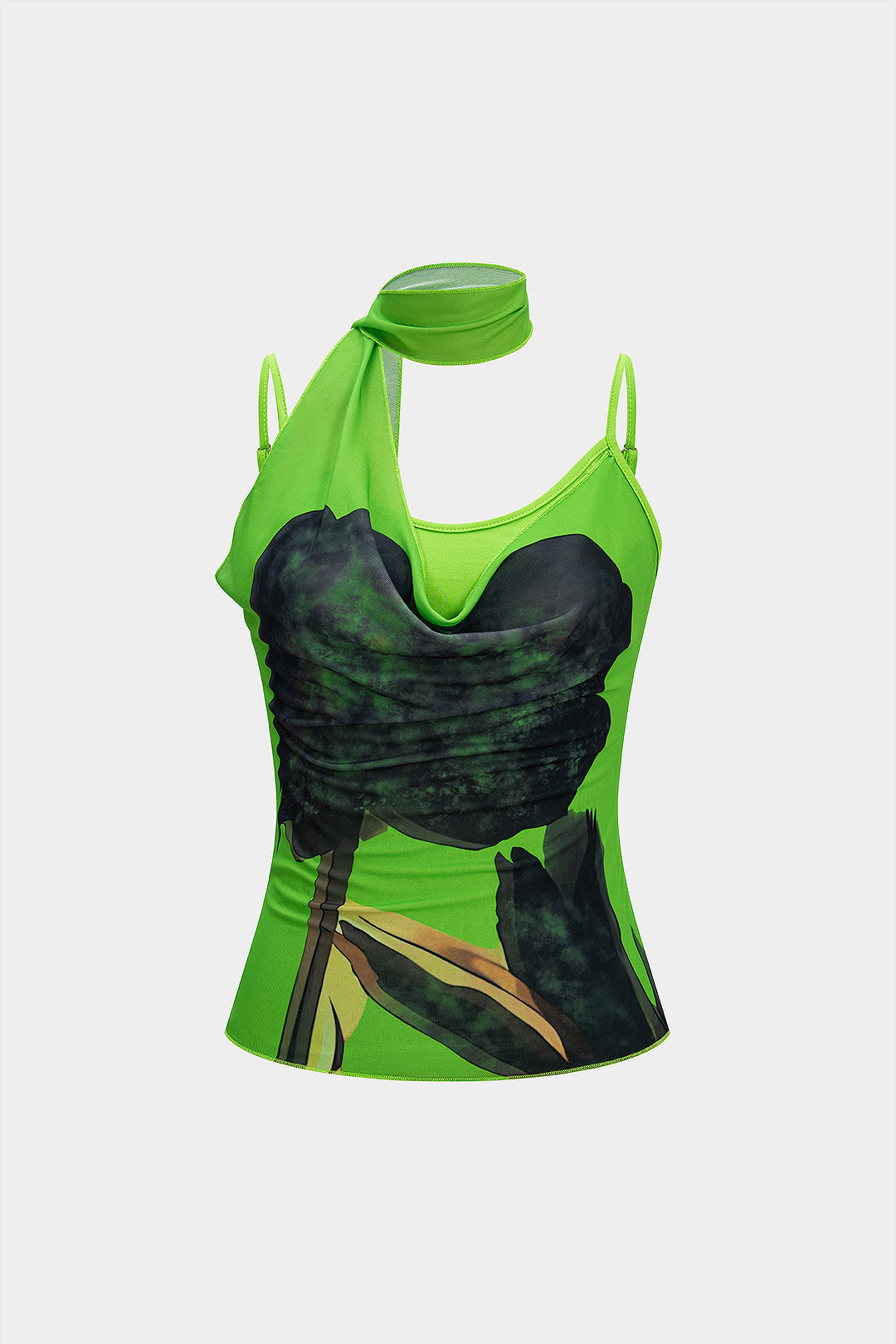 Artistic Print Draped Cowl Neck Asymmetrical Cami Top