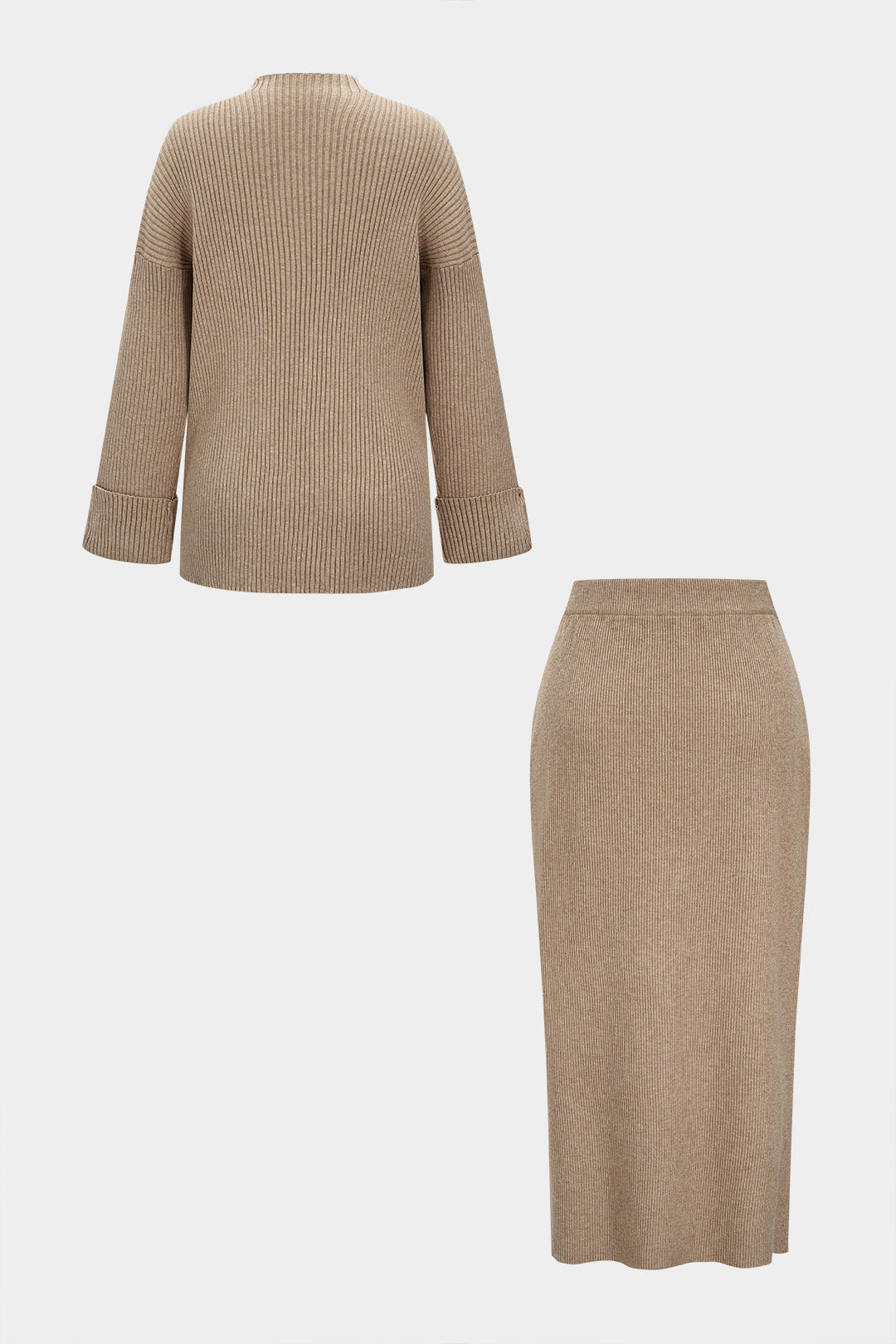 Knit Asymmetrical Button Side Slit Long-Sleeve Top And Skirt Set