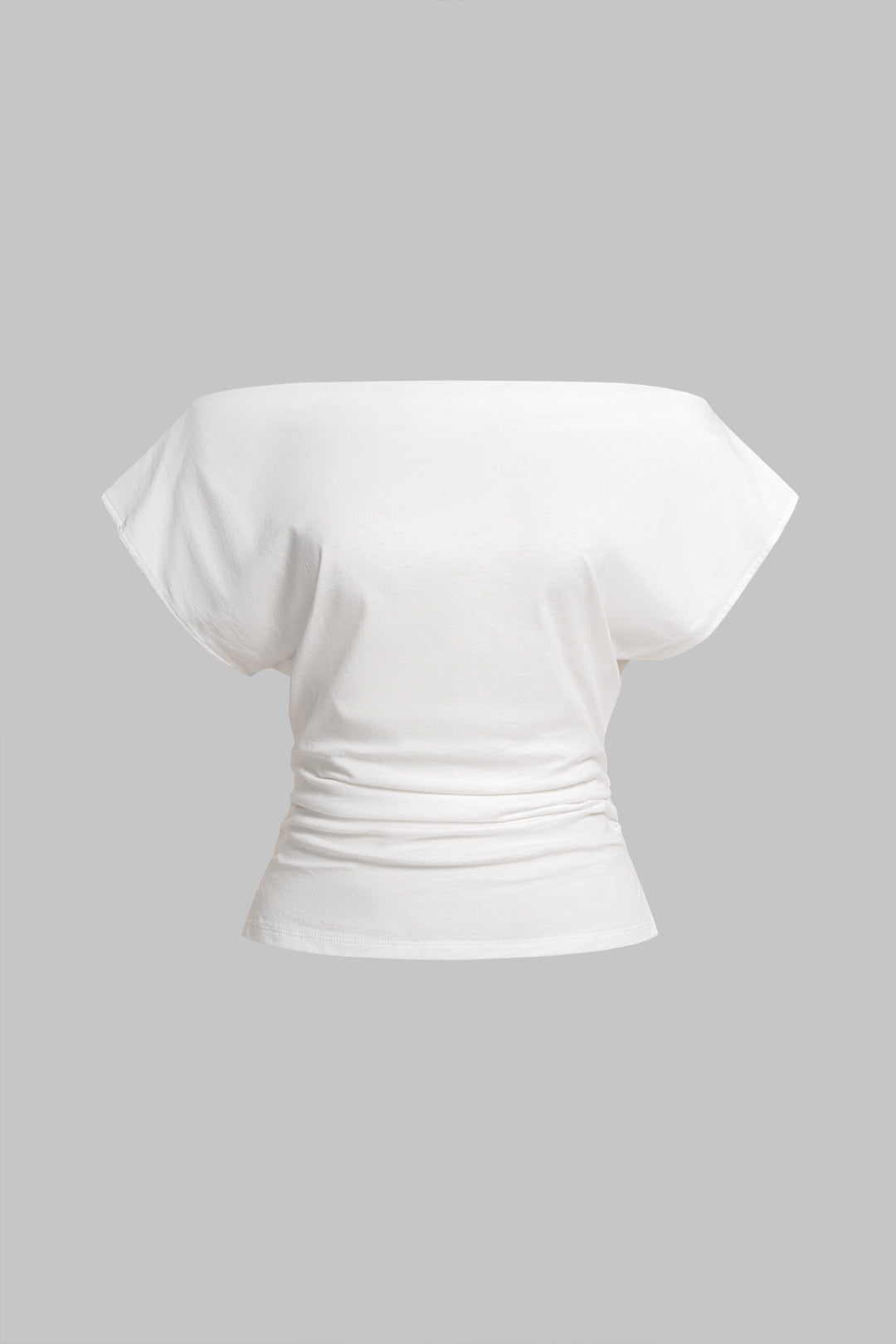 Einfarbiges, schulterfreies, gerafftes T-Shirt mit kurzen Ärmeln