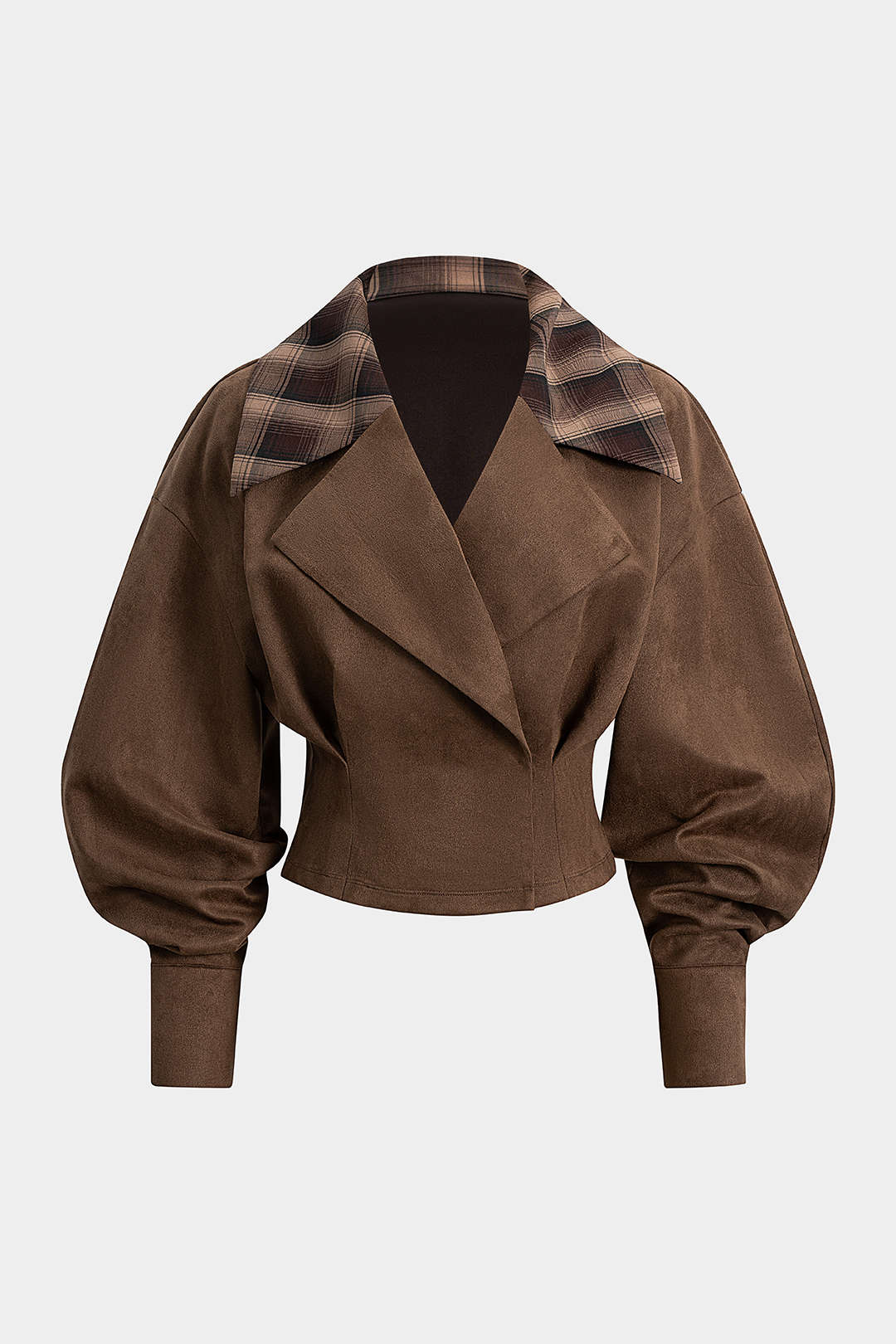 Wildleder-Patchwork-Langarmtop mit gekerbtem Revers