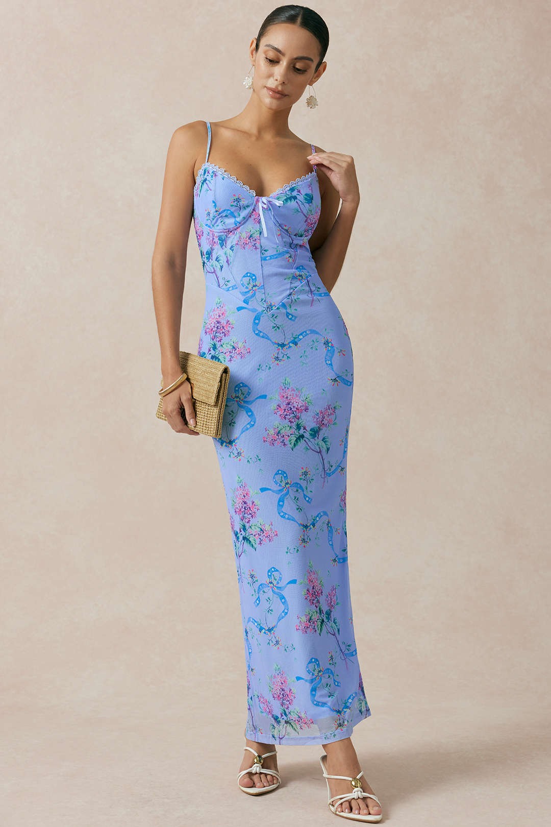 Blumenmuster Mesh Rückenfreies ärmelloses Maxikleid