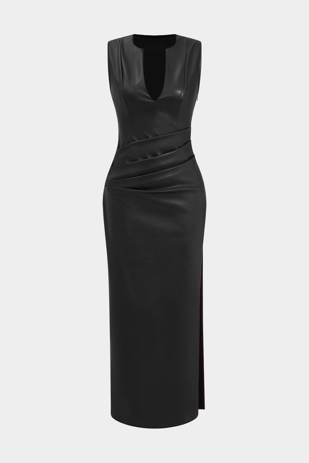 Robe longue froncée en similicuir à col en V