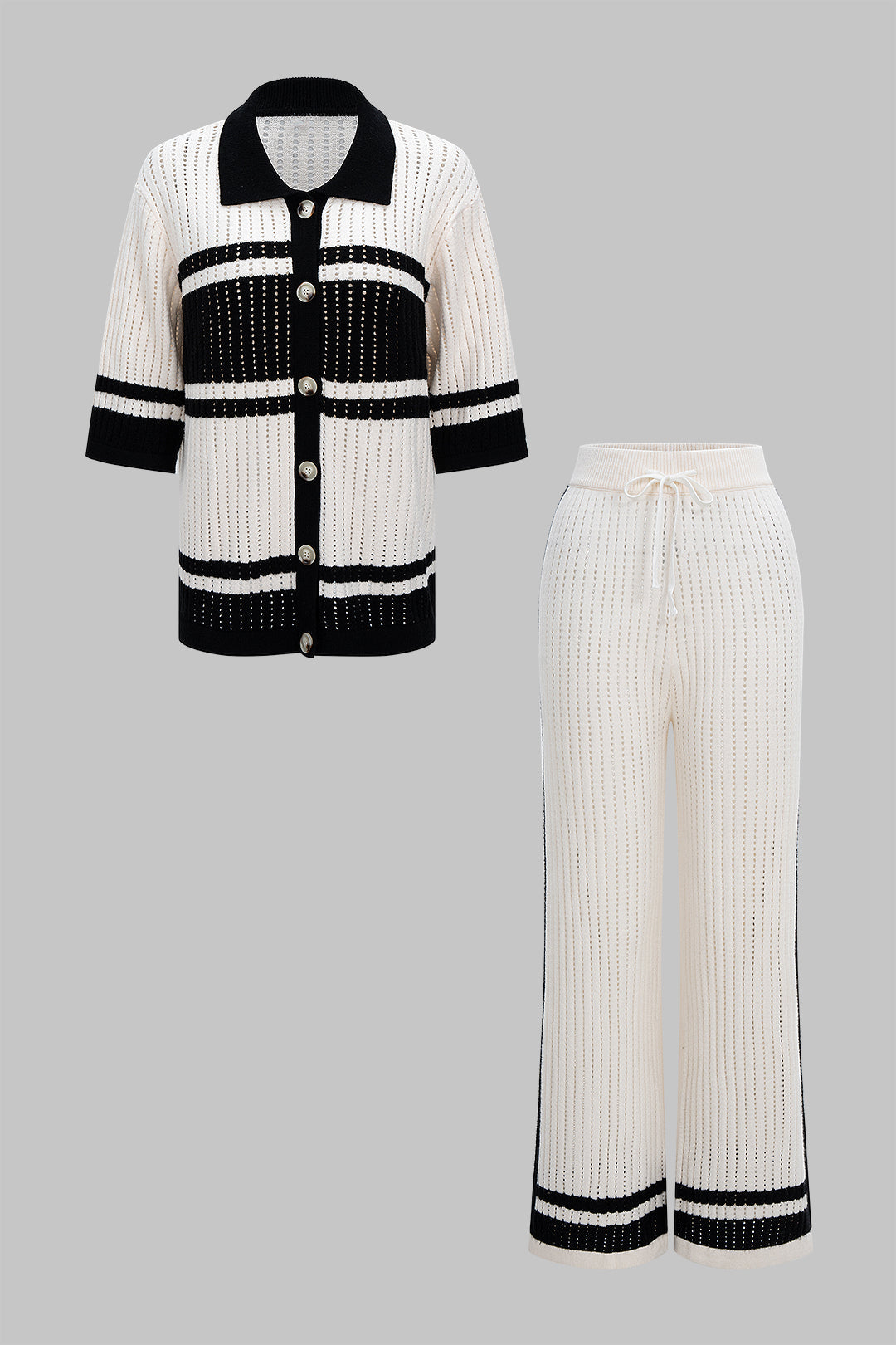 Knit Contrast Hollow Out Lapel Top And Drawstring Wide Leg Pants Set