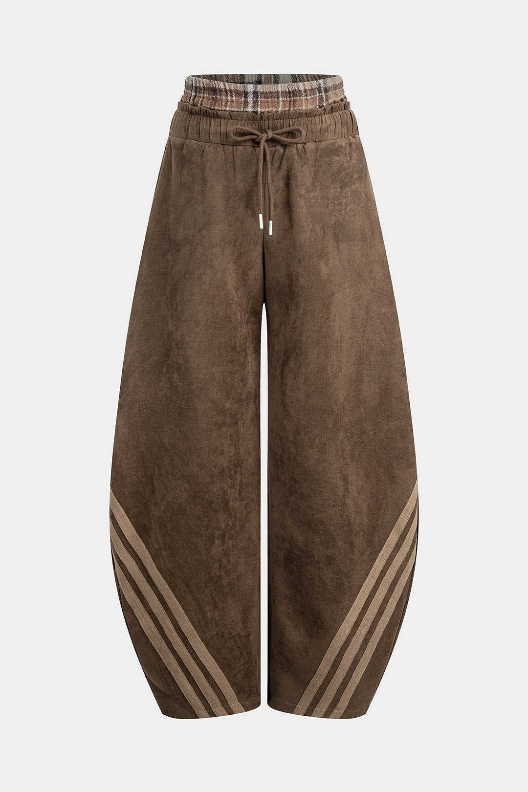 Plaid Print Suede Double Waistband Patchwork Drawstring Pants