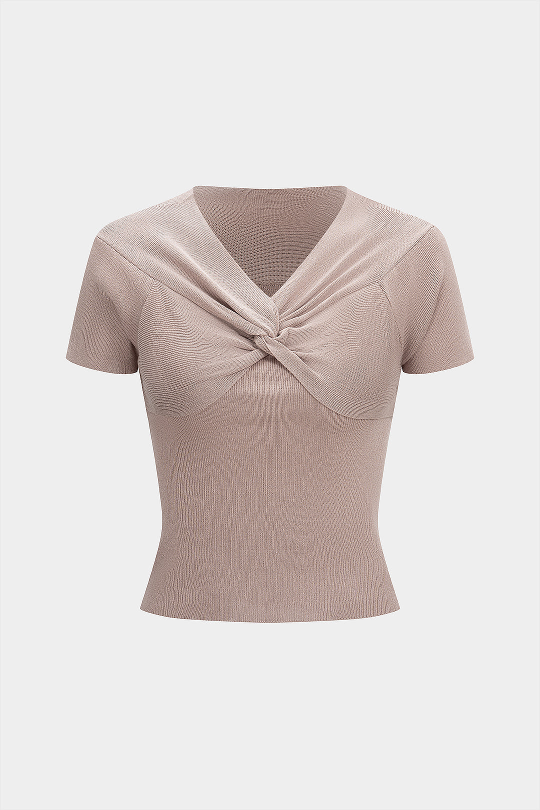 Knit V-Neck Twist Knot Ruched Short-Sleeve Top