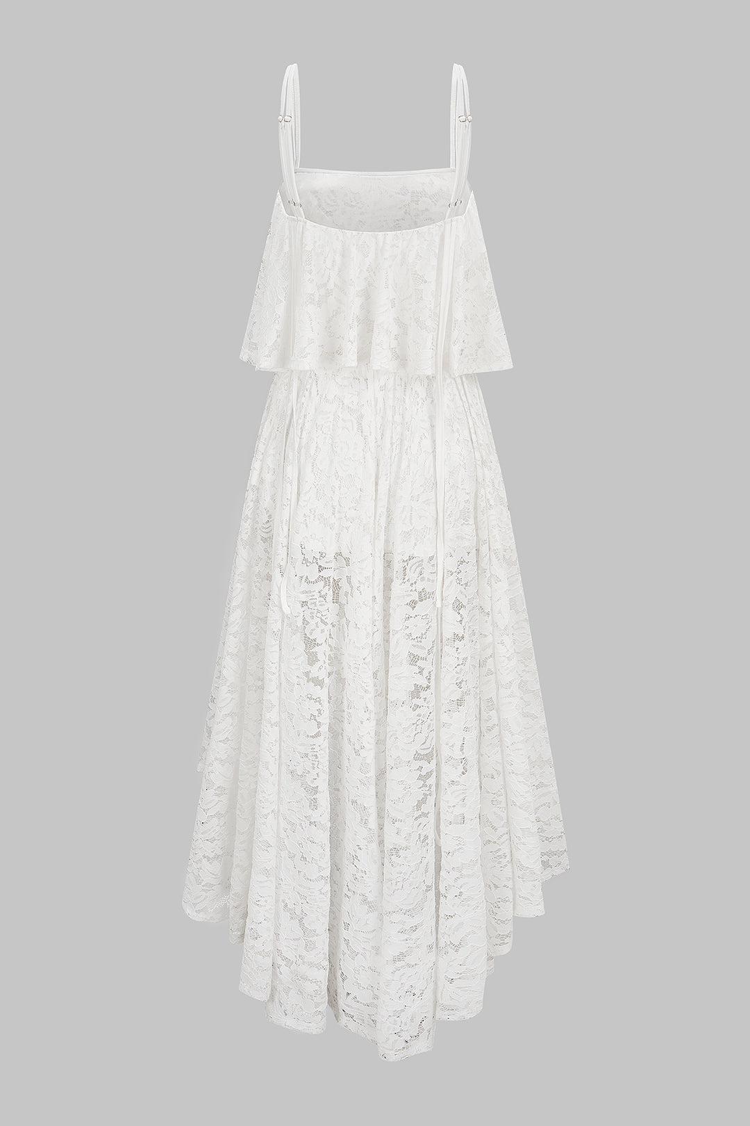 Spitzenbesetztes, rückenfreies Midi-Kleid mit Raffungen und asymmetrischem Saum