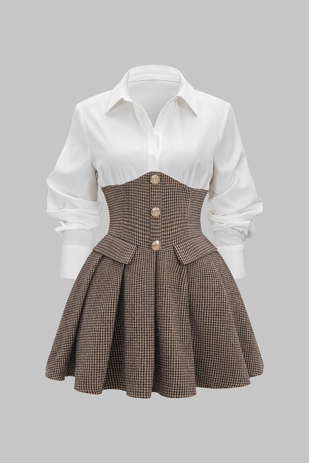 Hahnentritt-Patchwork-Falten-Minikleid mit hohem Bund und langen Ärmeln