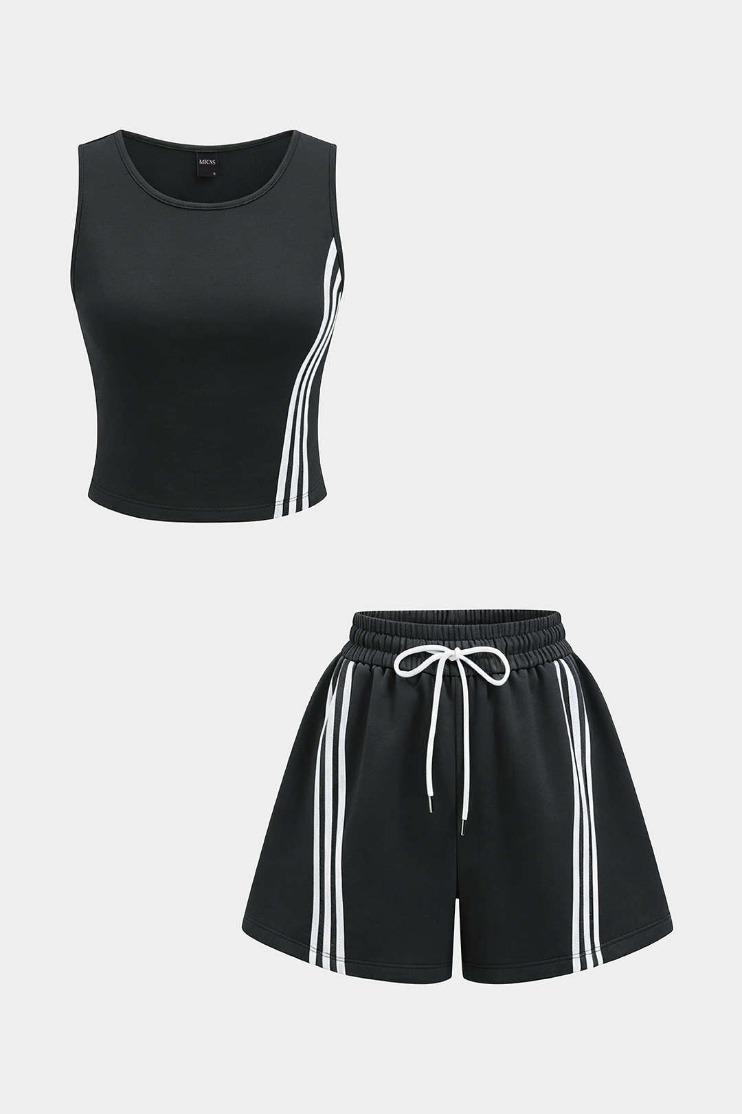 Gestreiftes Rundhals-Tanktop ohne Ärmel und weite Shorts mit Kordelzug-Set mit Kontrastfarben