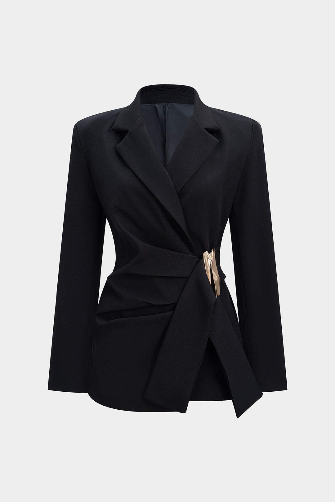 Notched Lapel Metallic Decor Ruched Asymmetrical Blazer