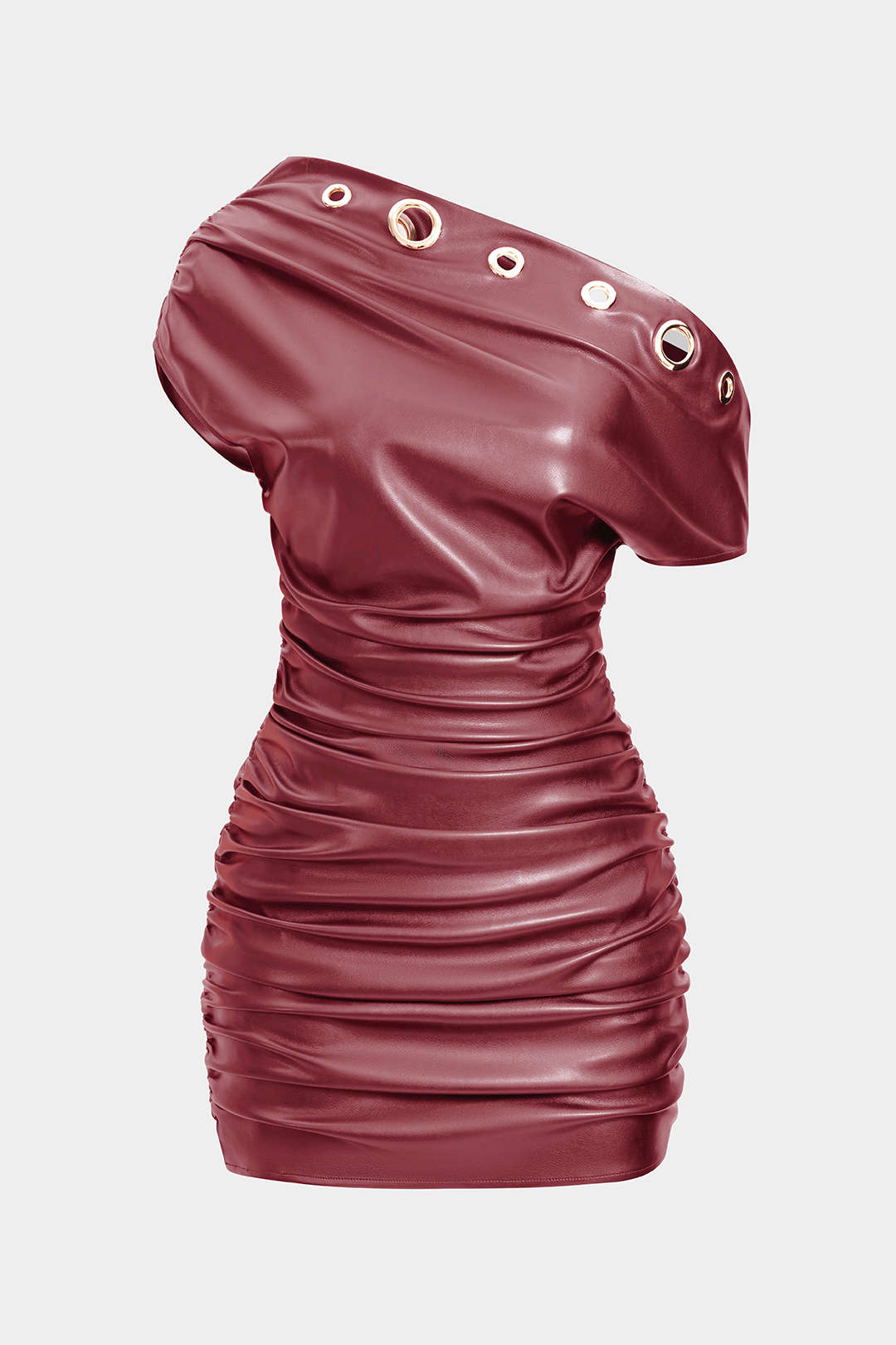 Minikleid aus Kunstleder mit metallischen Ösen und geraffter One-Shoulder-Partie