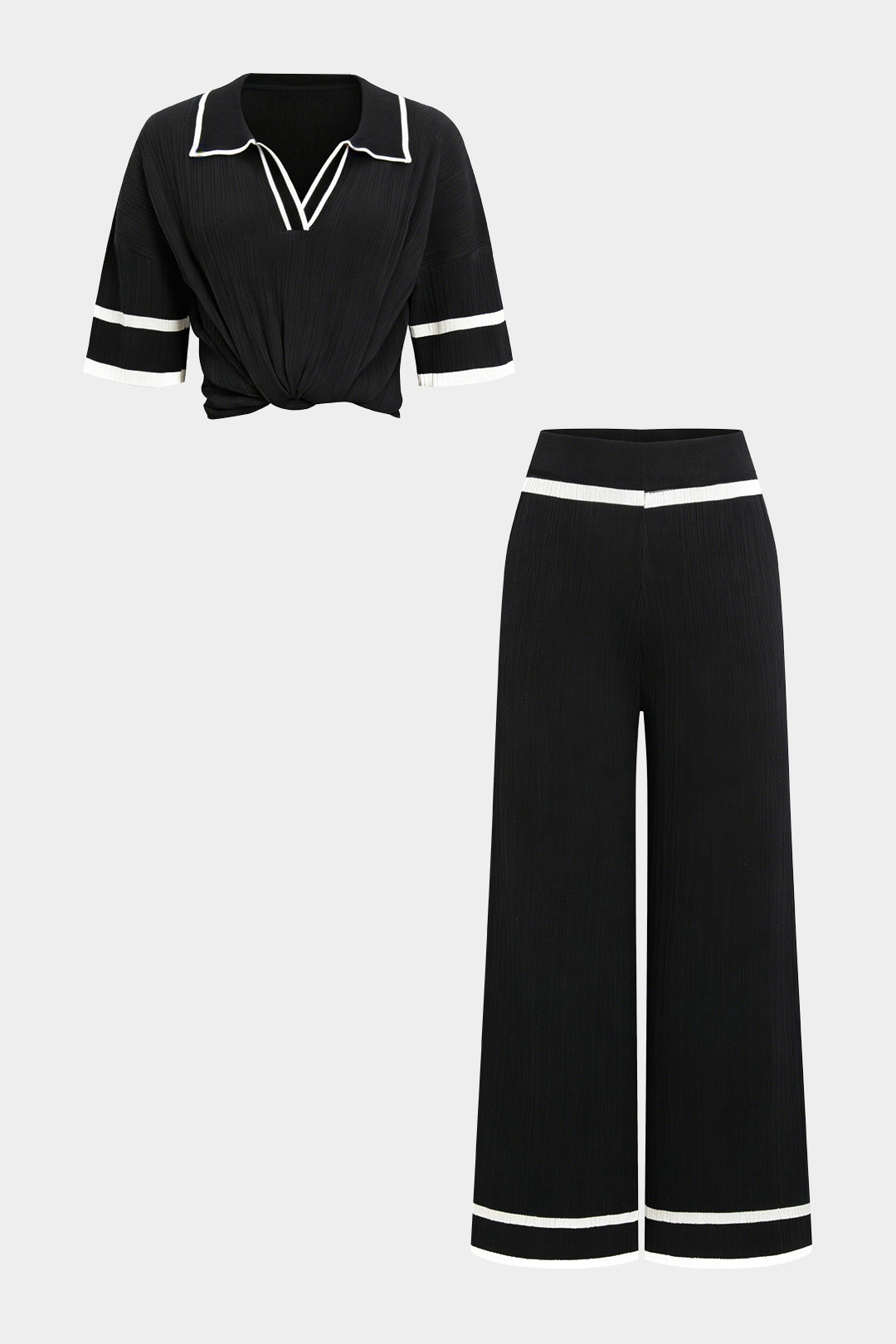 Strick-Set mit paspeliertem Revers, Kurzarm-Top und weiter Hose
