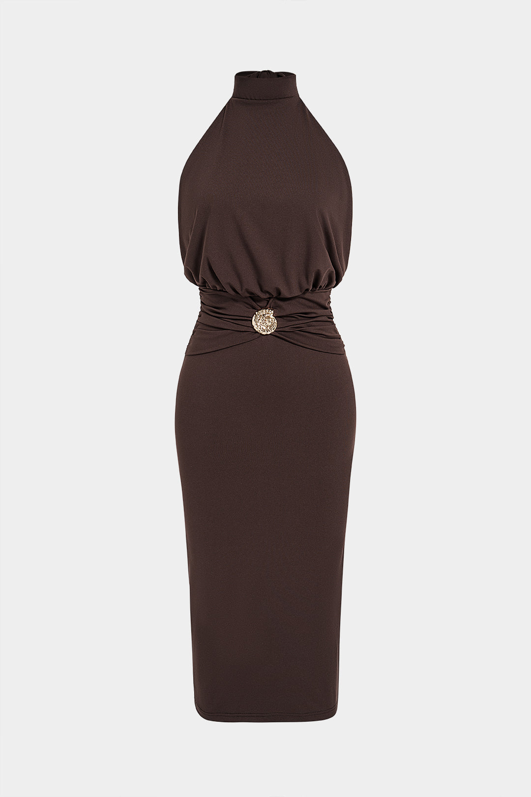 Halter Neck Metallic Tie-Up Ruched Sleeveless Midi Dress