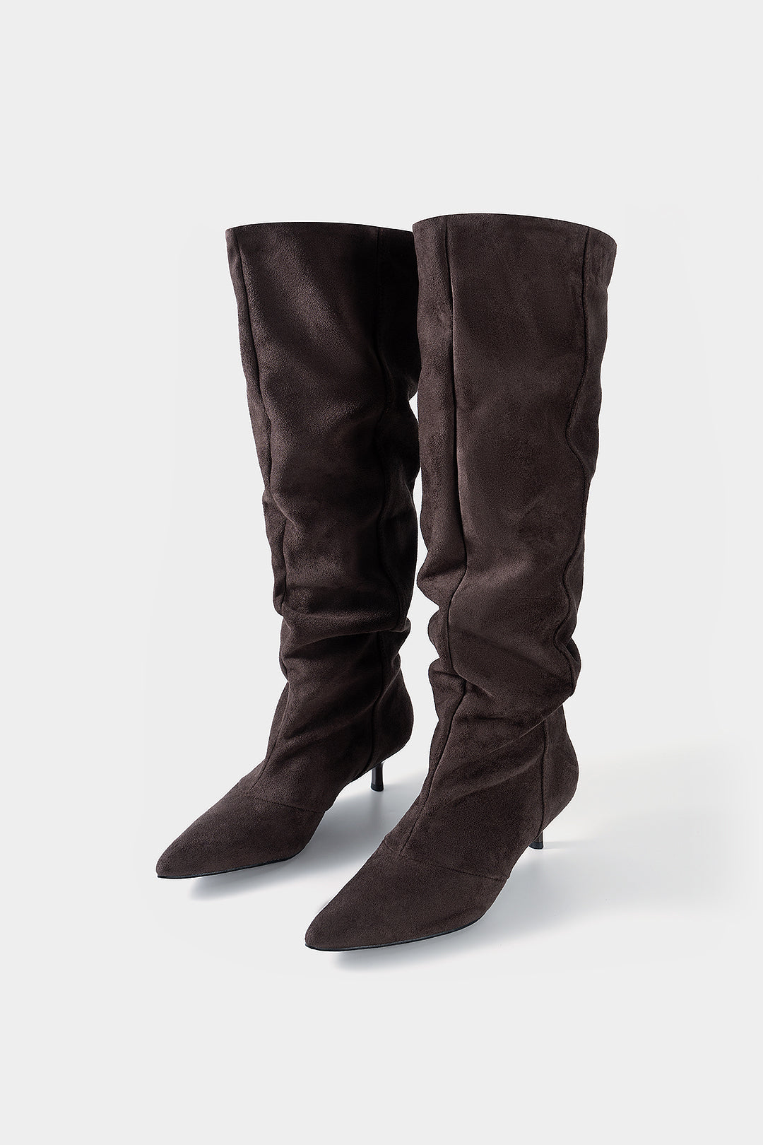 Suede Ruched Pointed Knee High Boots