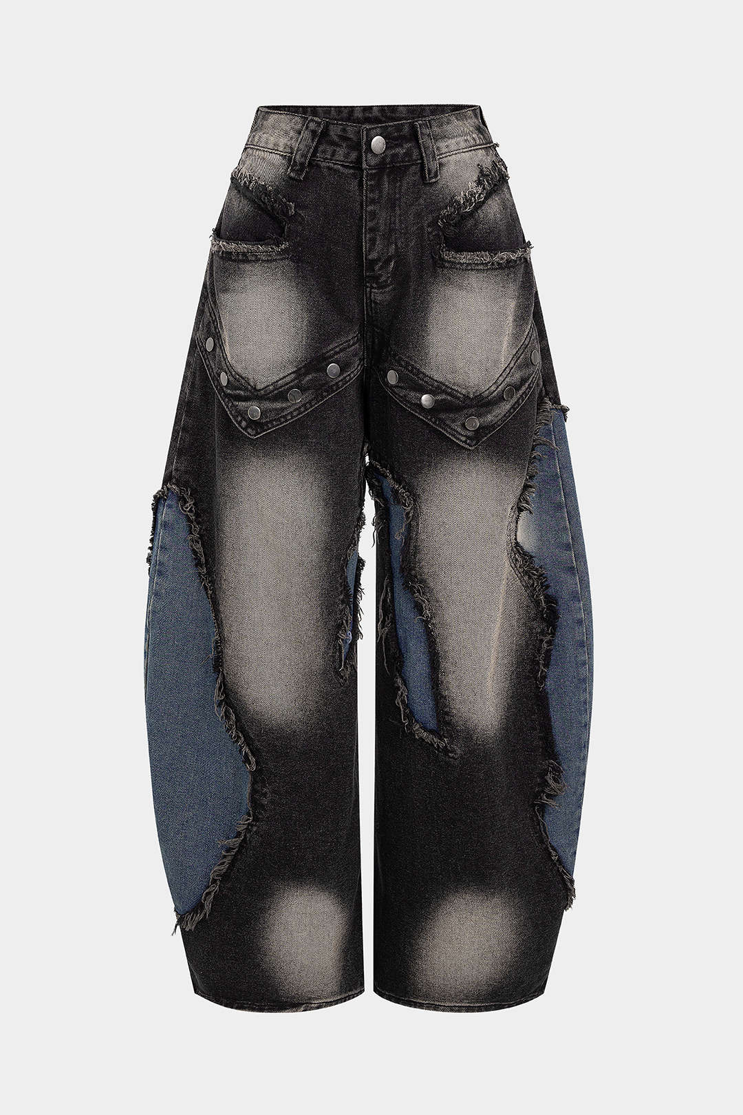 Jean droit en patchwork de denim à rivets effilochés