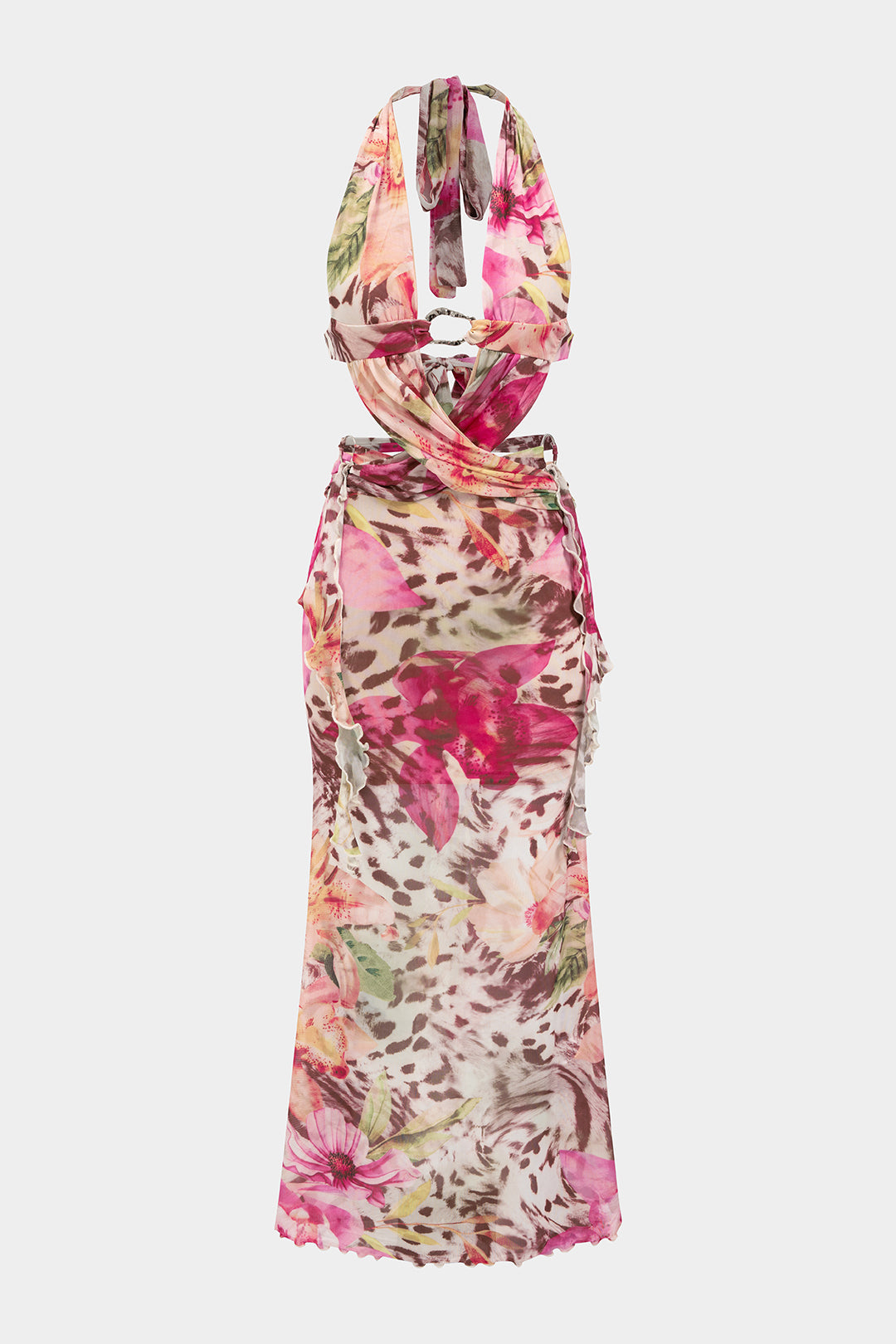 Floral Print Mesh Halter Neck Crossed Backless Sleeveless Maxi Dress