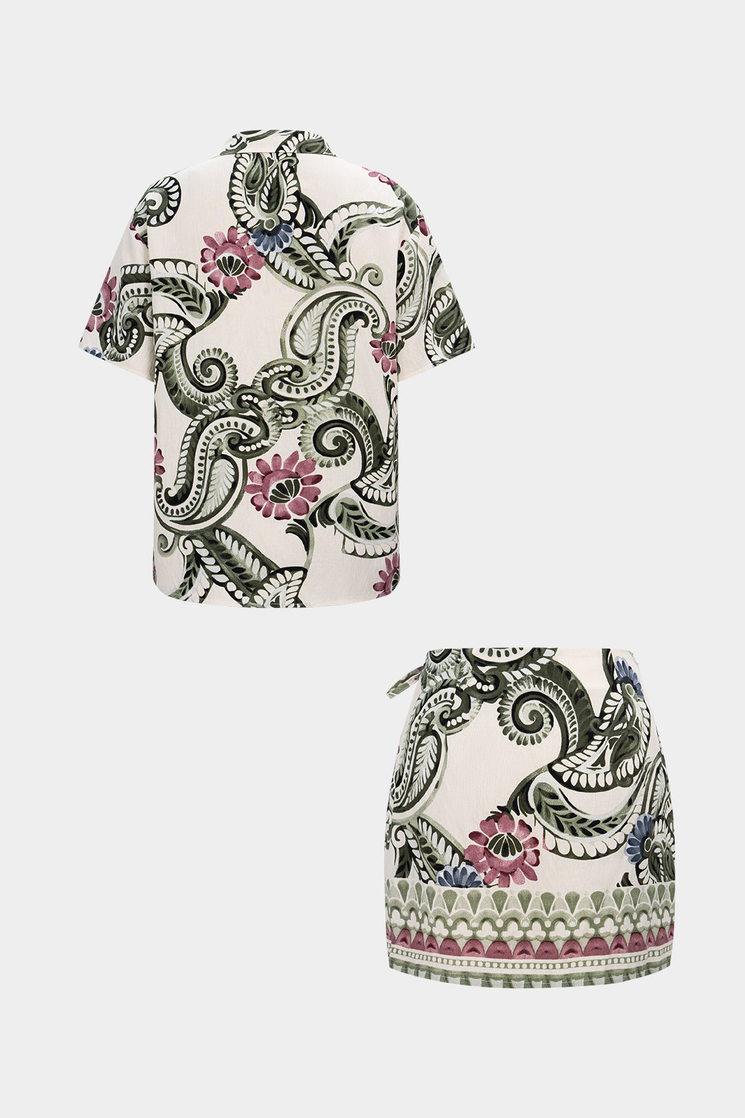 Ensemble chemise boutonnée à manches courtes et jupe nouée sur le devant à imprimé feuilles de palmier tropical