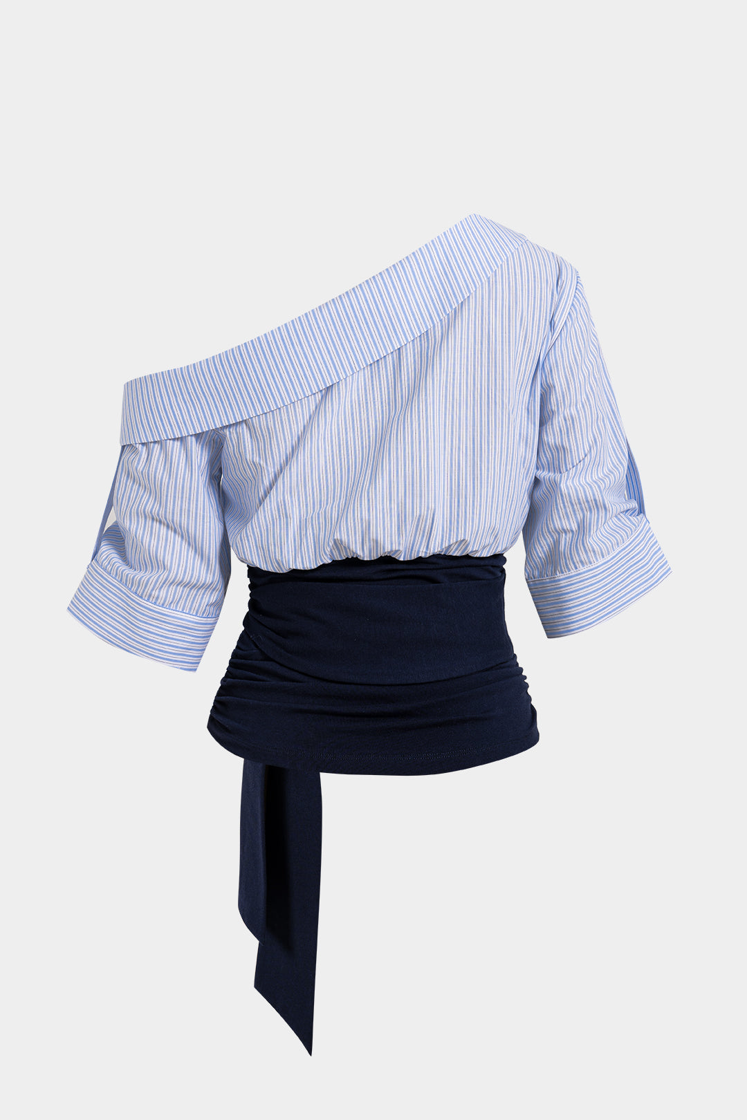 Patchwork Tie-Up One Shoulder Short-Sleeve Shirt