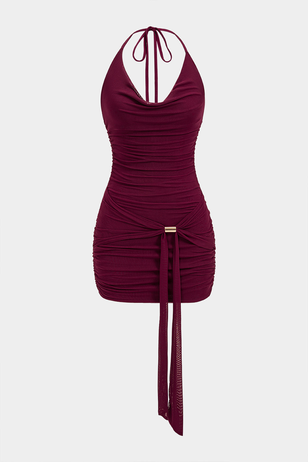 Mesh-Neckholder-Minikleid mit Raffung und Bindeband