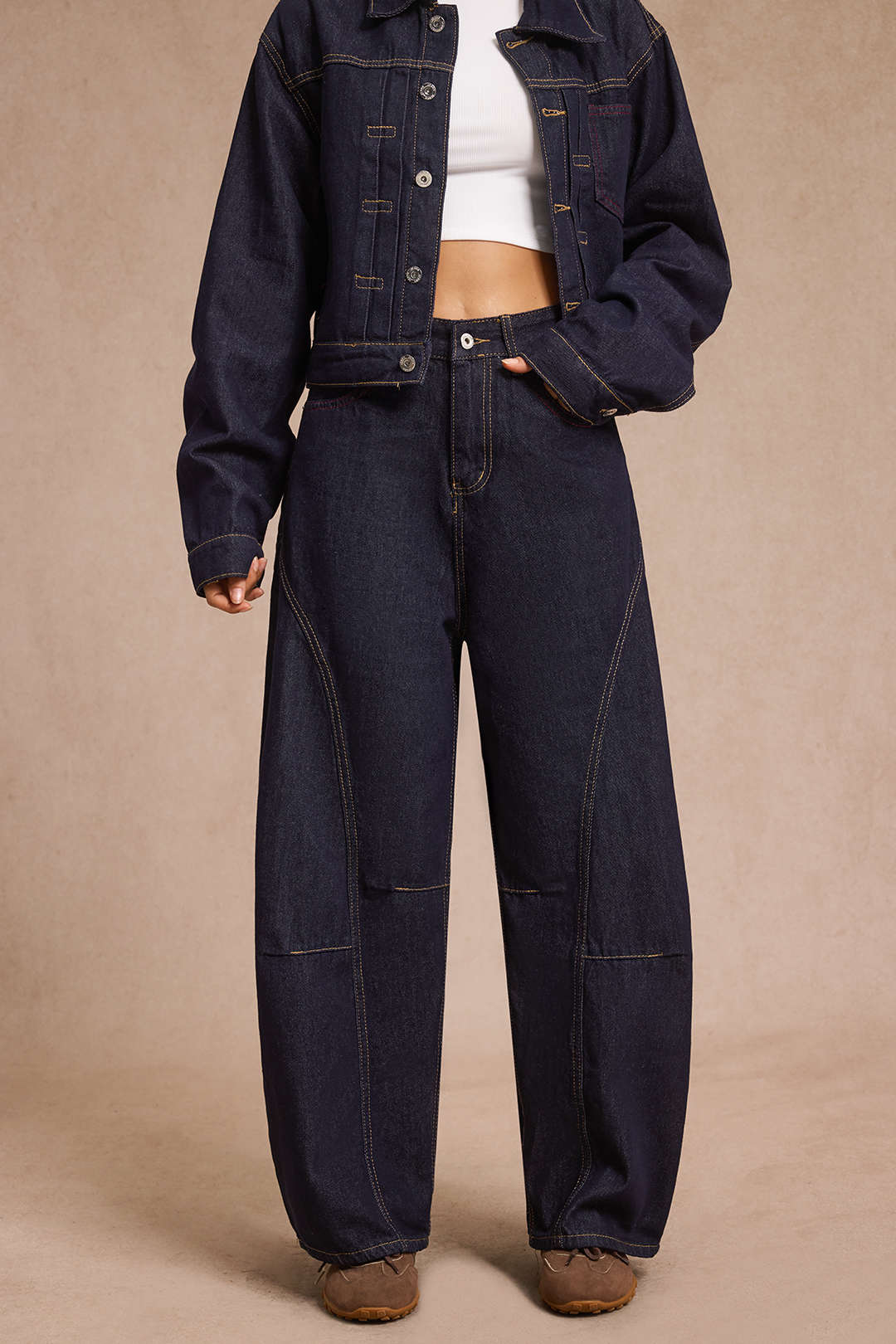 Denim Cropped Jacket And Barrel Jeans Set