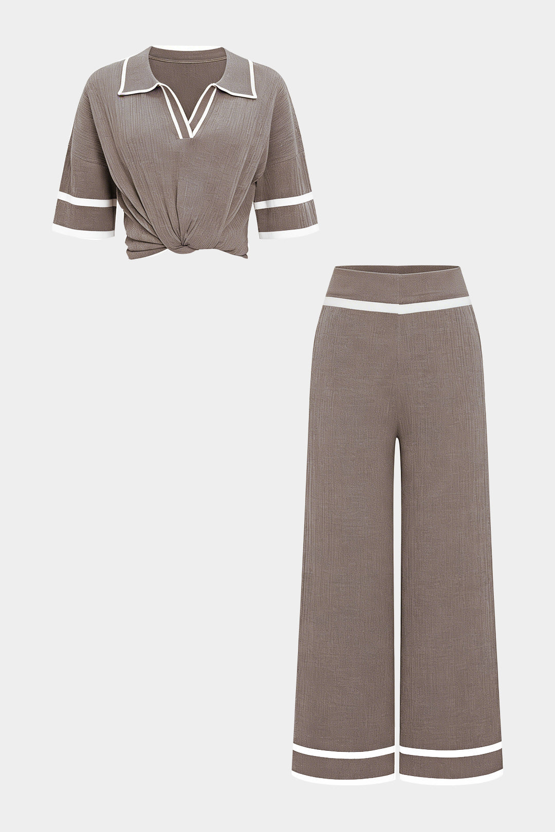 Strick-Set mit paspeliertem Revers, Kurzarm-Top und weiter Hose
