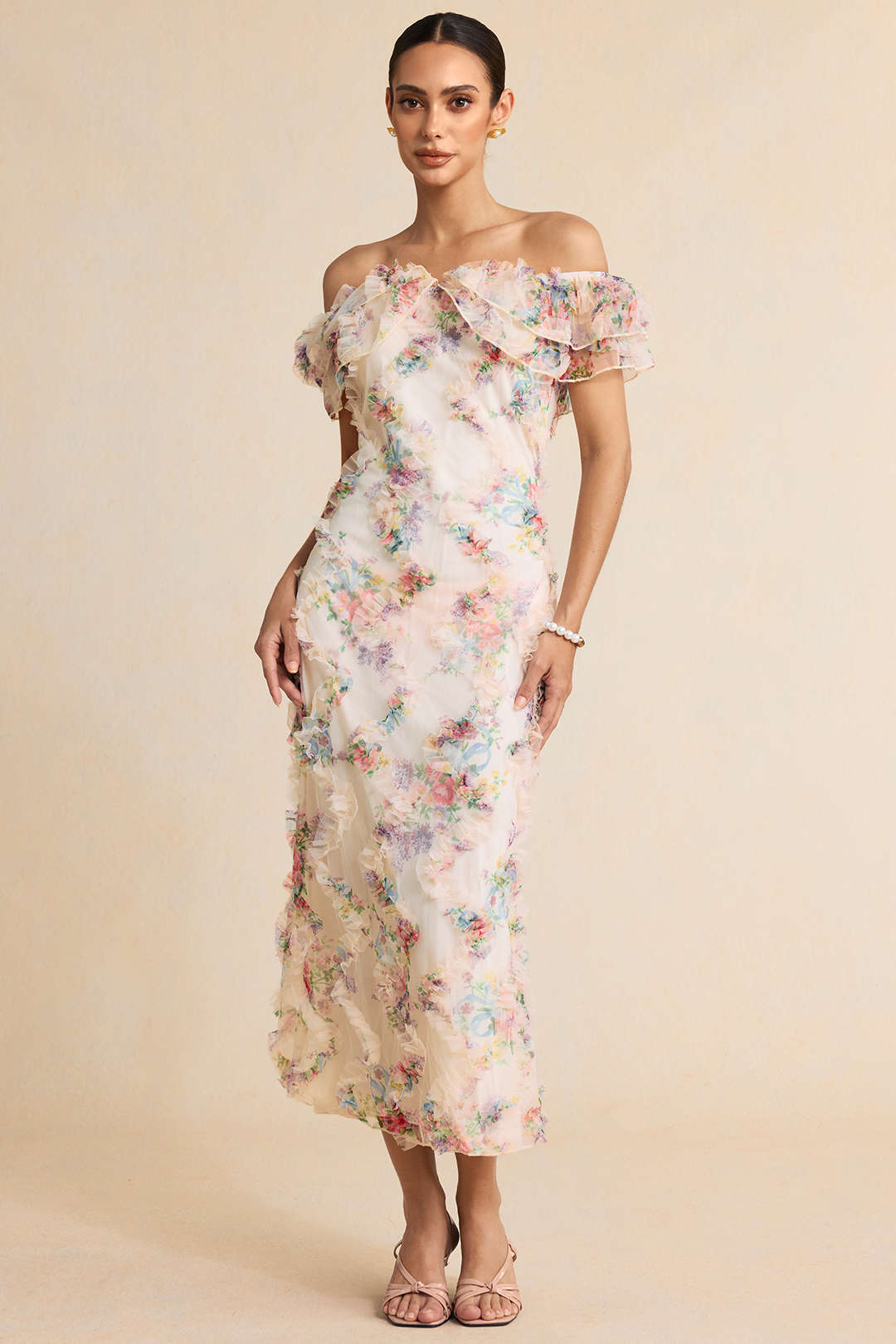 Floral Print Chiffon Patchwork Mesh Off Shoulder Ruffle Sleeveless Maxi Dress