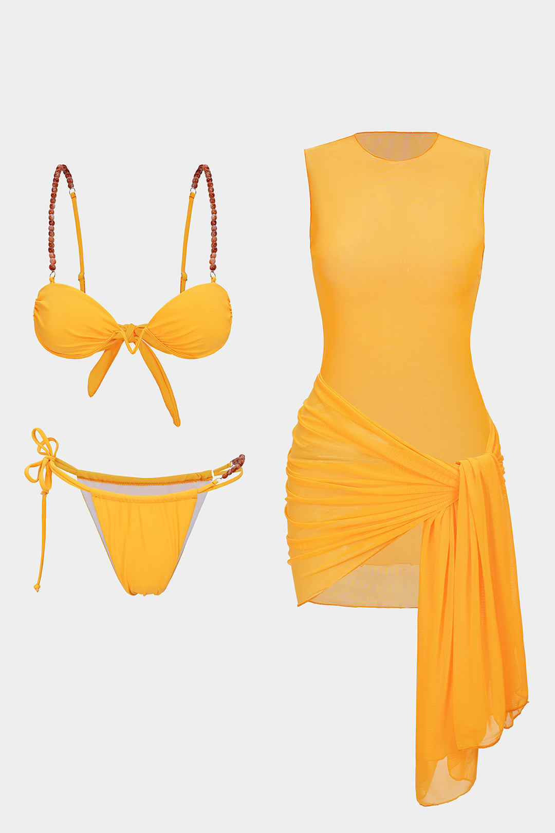 Mesh-Patchwork-Bikini-Set mit Perlen, Raffungen und Schnürung